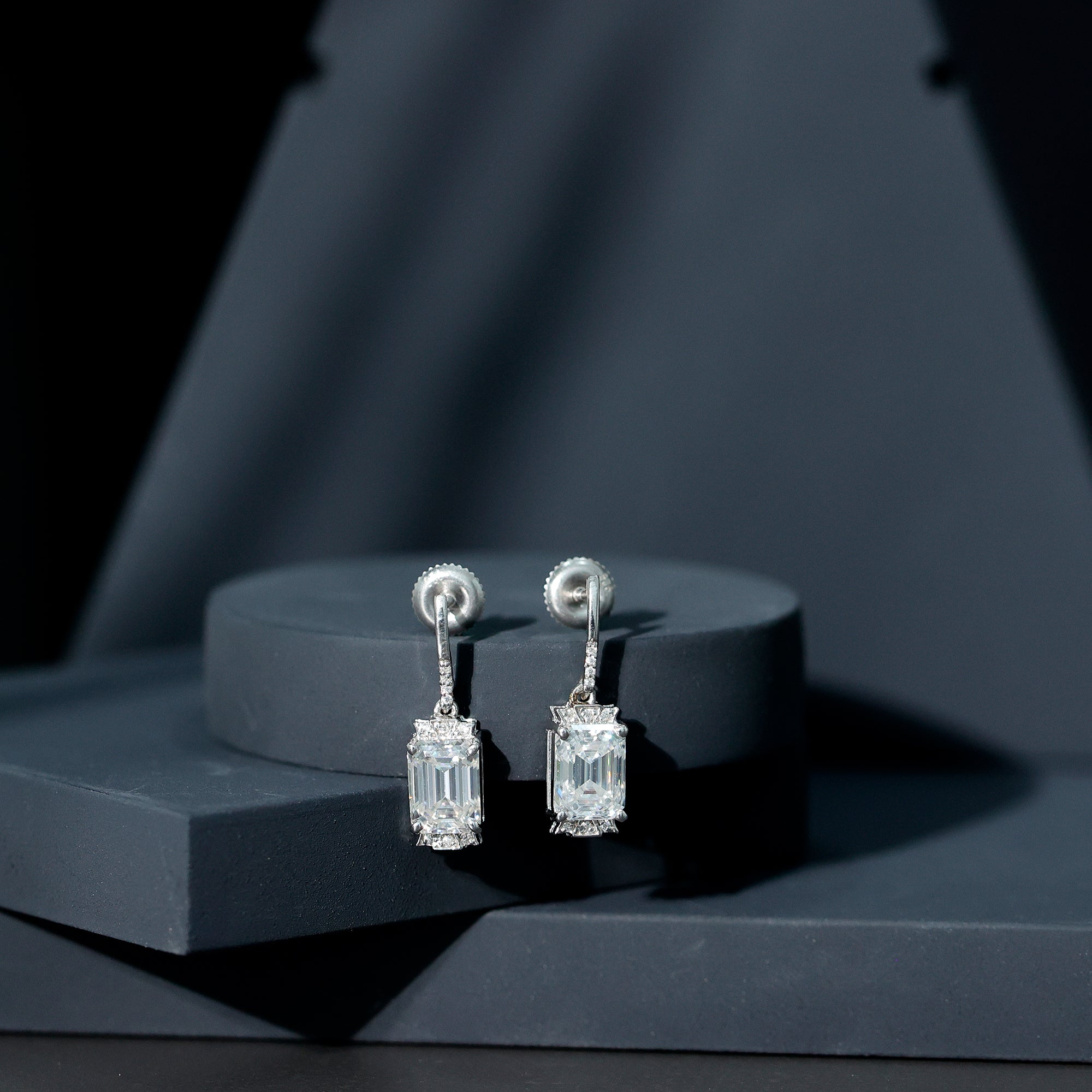 3.5 Carat Emerald Cut Moissanite Drop Earrings for Women D-VS1 92.5 Sterling Silver - Rosec Jewels