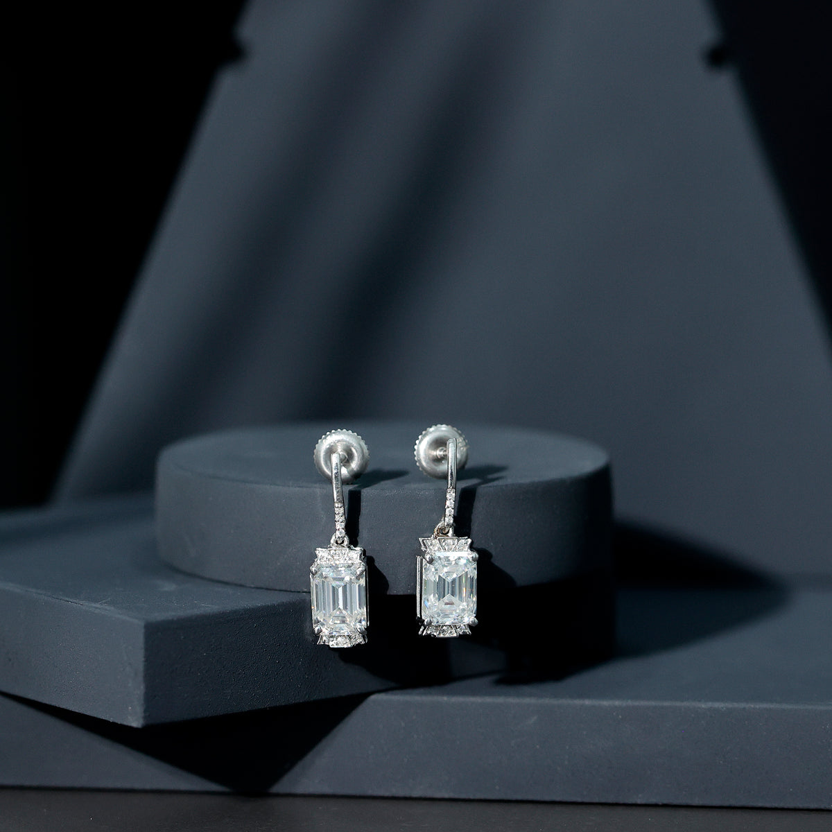 3.5 Carat Emerald Cut Moissanite Drop Earrings for Women in Silver D-VS1 92.5 Sterling Silver - Rosec Jewels