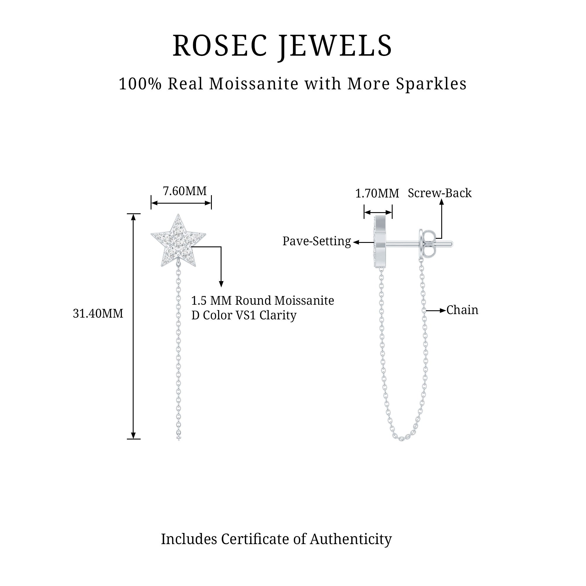 Certified Moissanite Star Chain Earrings For Women D-VS1 92.5 Sterling Silver - Rosec Jewels