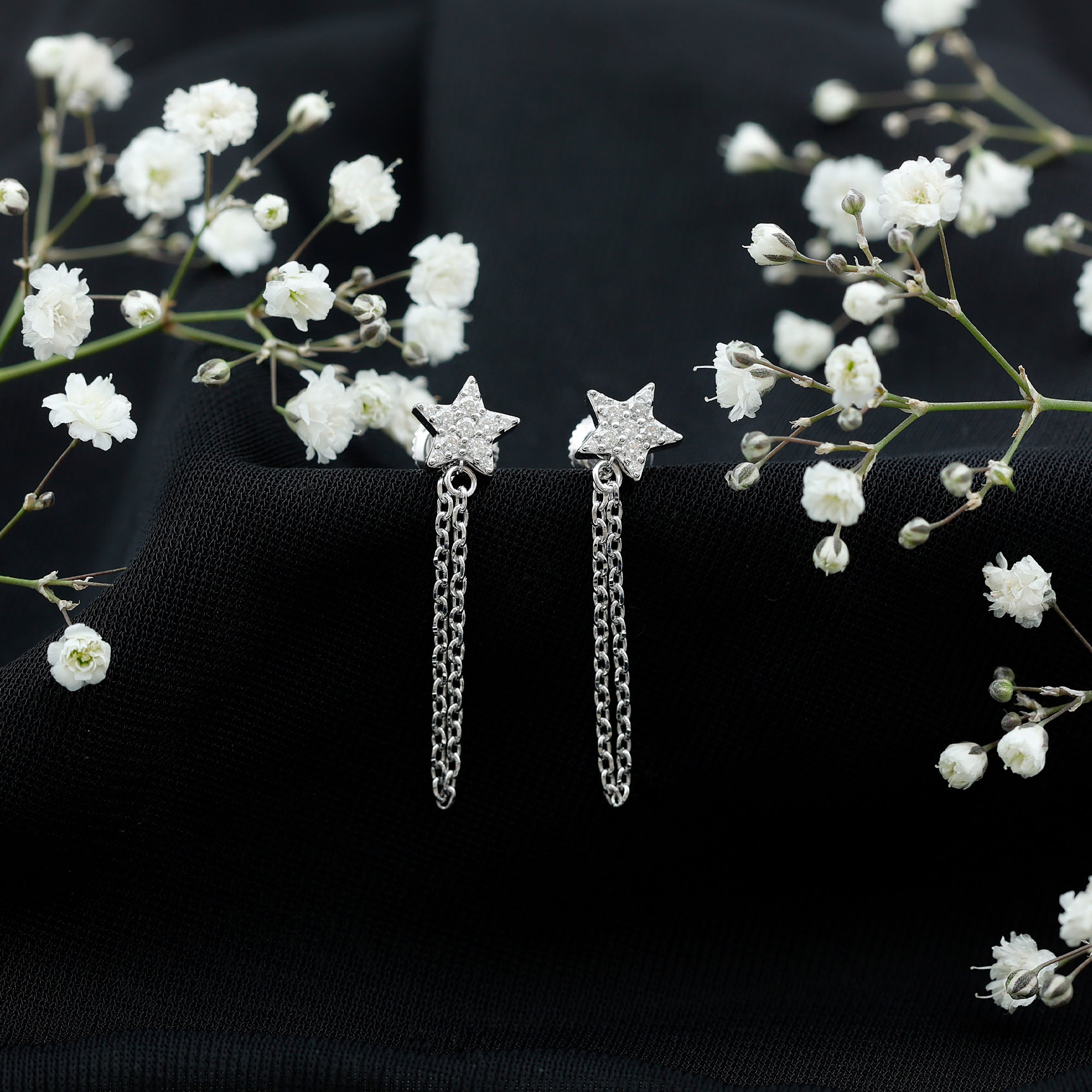 Certified Moissanite Star Chain Earrings For Women D-VS1 92.5 Sterling Silver - Rosec Jewels