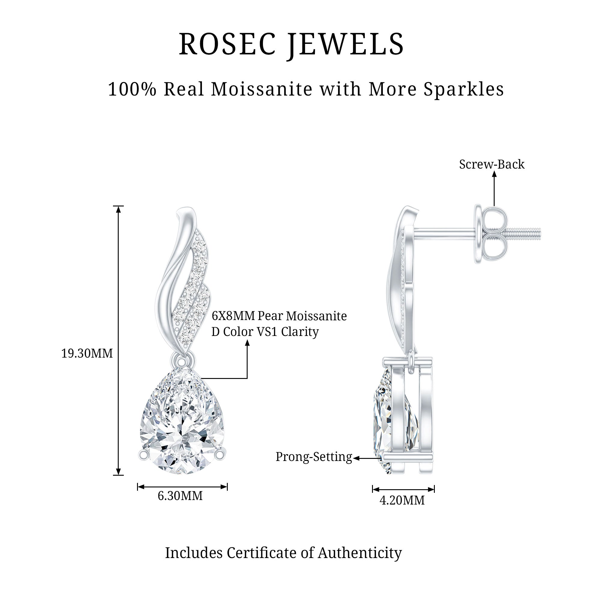 Certified 2.6 Carat Moissanite Teardrop Earrings for Wedding D-VS1 92.5 Sterling Silver - Rosec Jewels