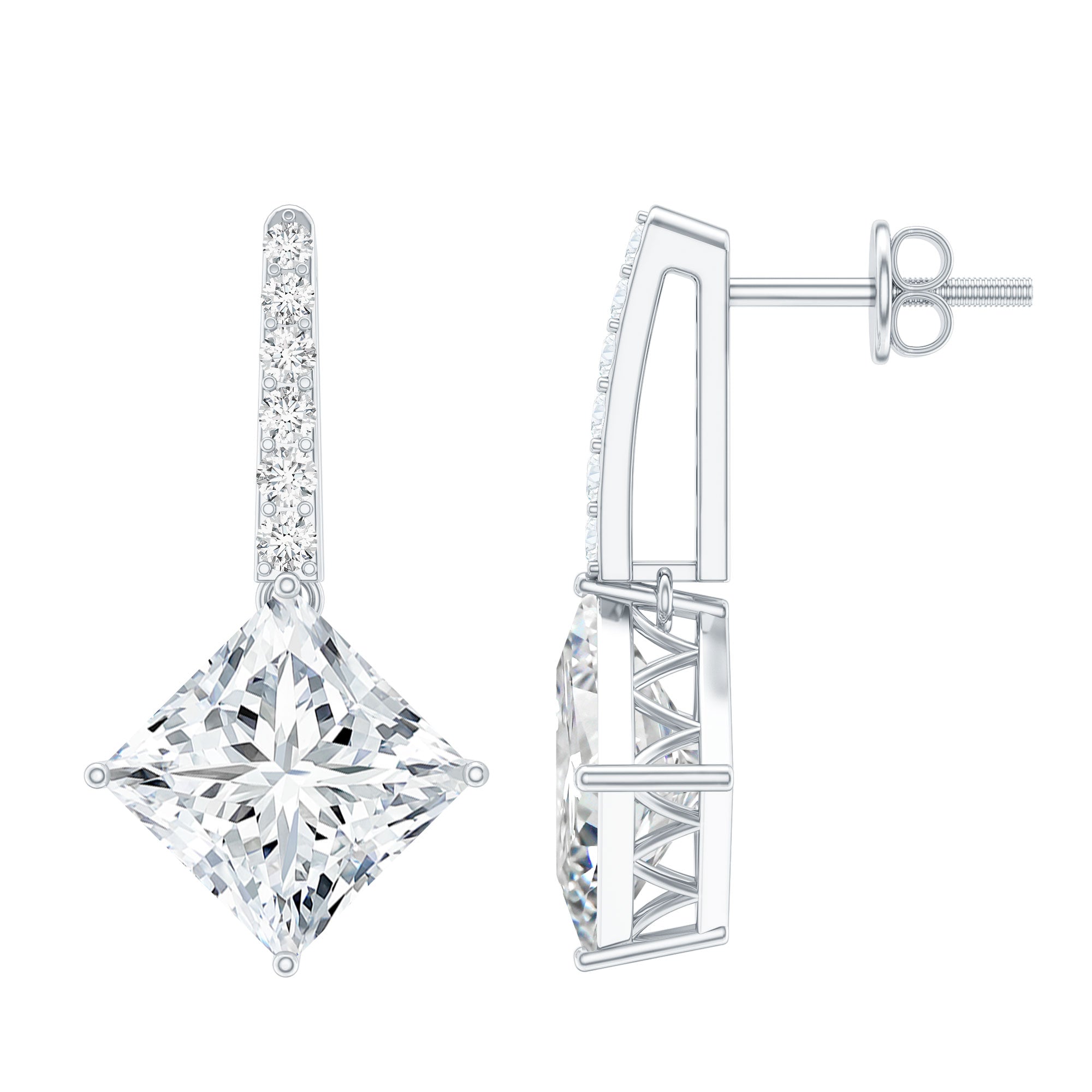 Certified 6 Carat Princess Cut Moissanite Drop Earrings in Silver D-VS1 92.5 Sterling Silver - Rosec Jewels