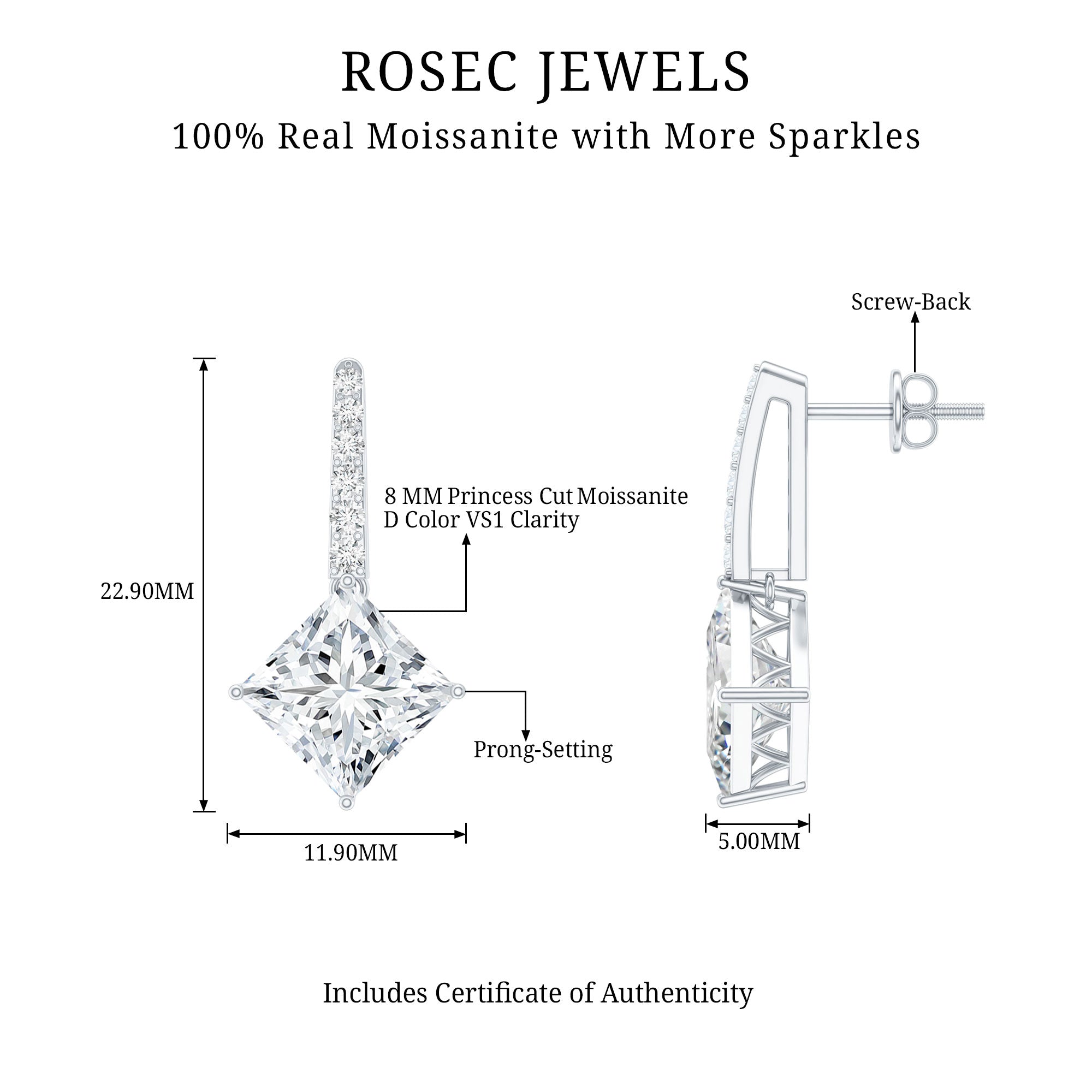 Certified 6 Carat Princess Cut Moissanite Drop Earrings in Silver D-VS1 92.5 Sterling Silver - Rosec Jewels