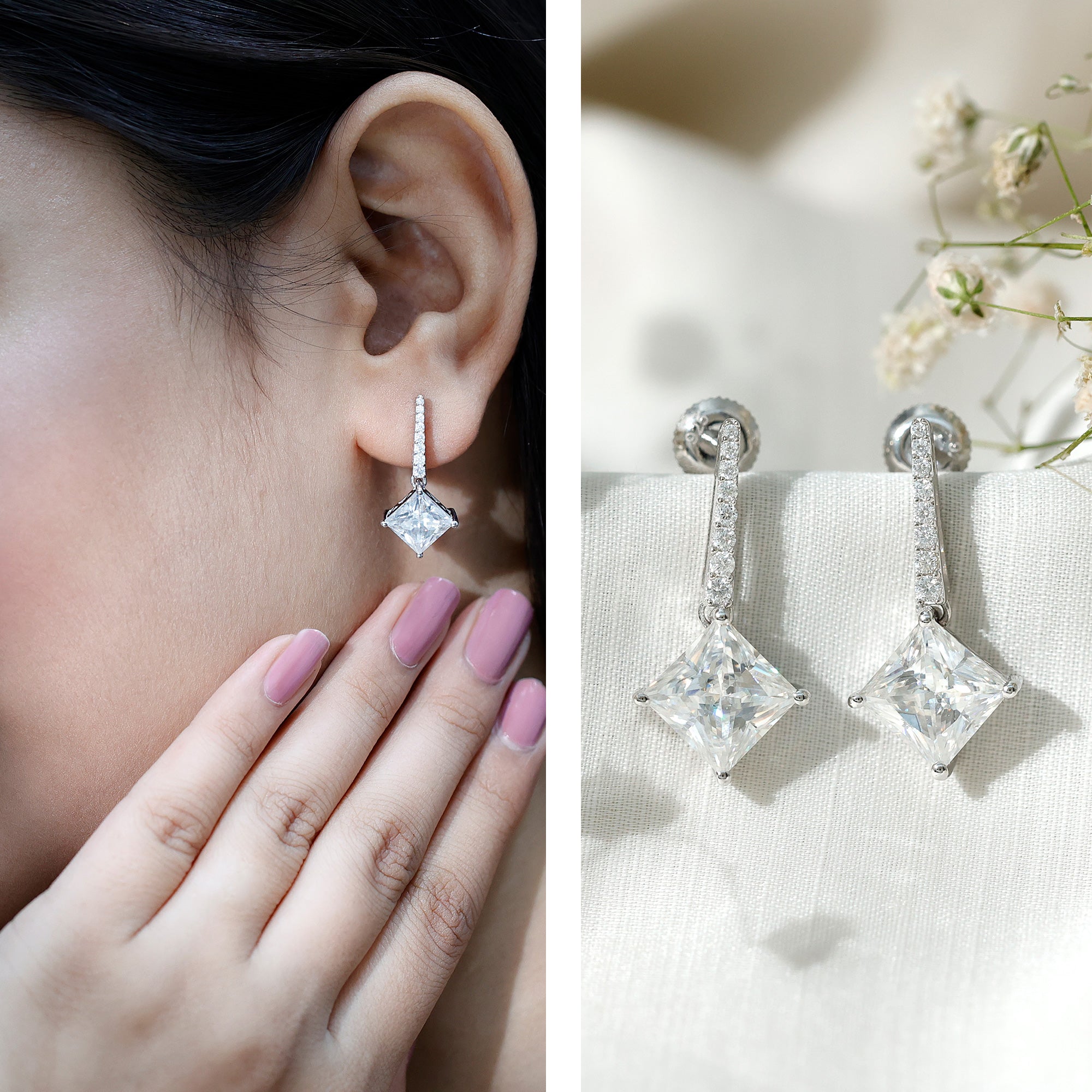 Certified 6 Carat Princess Cut Moissanite Drop Earrings in Silver D-VS1 92.5 Sterling Silver - Rosec Jewels