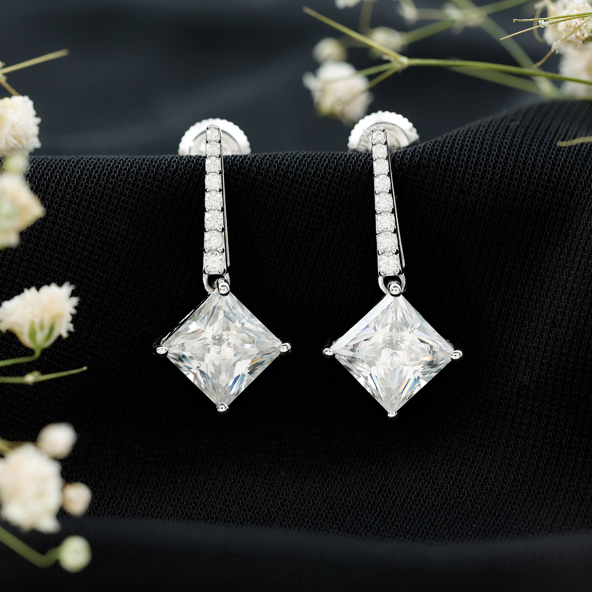 Certified 6 Carat Princess Cut Moissanite Drop Earrings in Silver D-VS1 92.5 Sterling Silver - Rosec Jewels