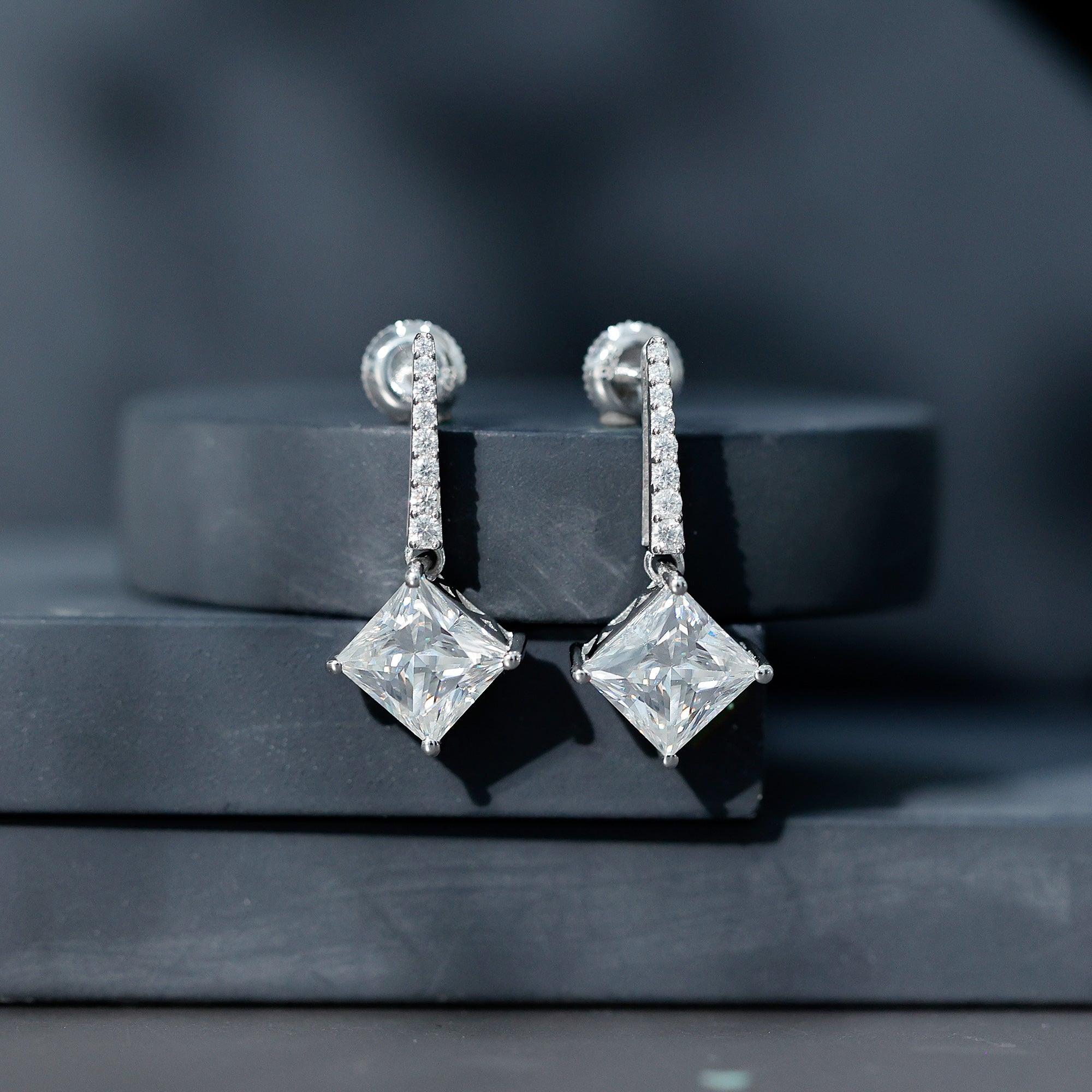 Certified 6 Carat Princess Cut Moissanite Drop Earrings in Silver D-VS1 92.5 Sterling Silver - Rosec Jewels