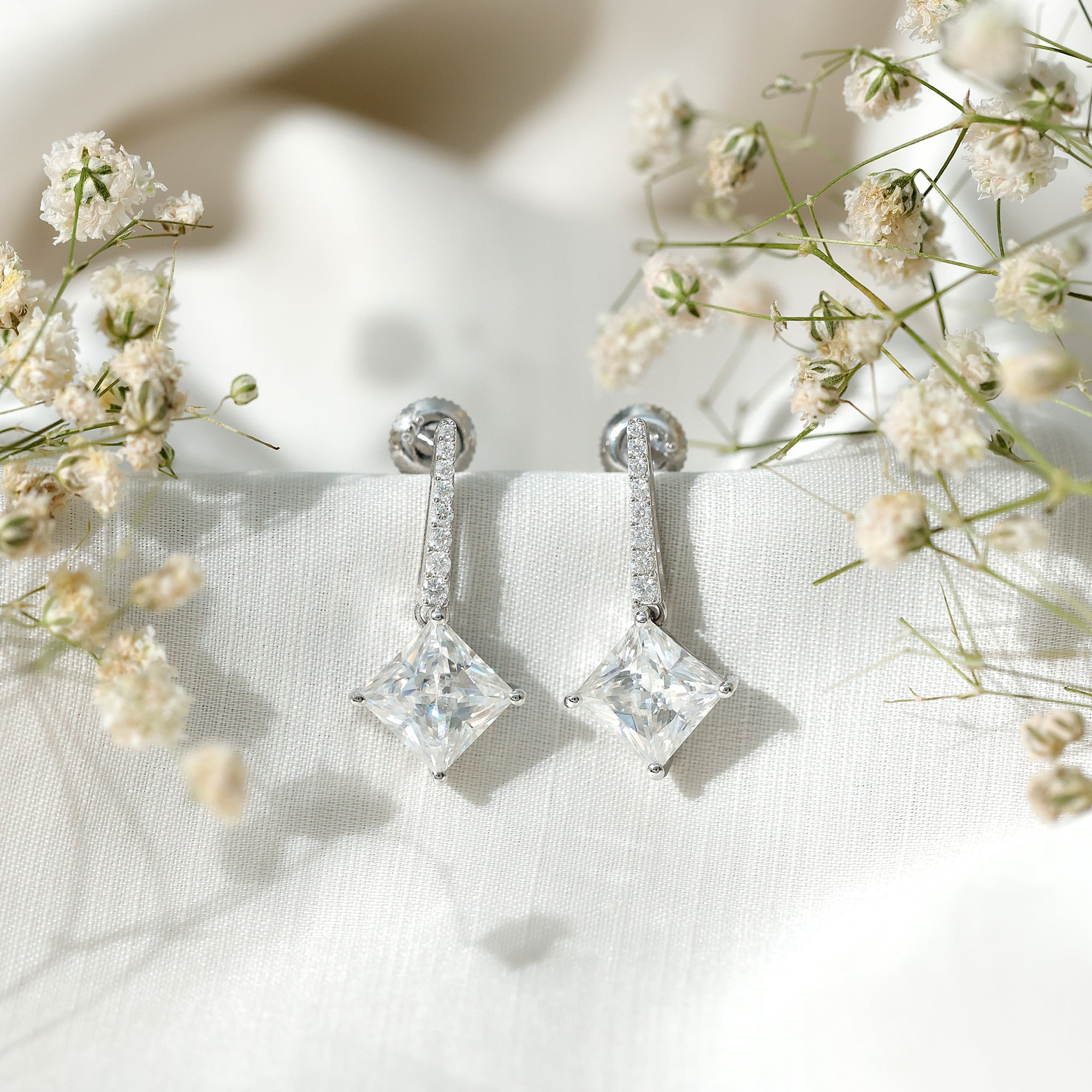 Certified 6 Carat Princess Cut Moissanite Drop Earrings in Silver D-VS1 92.5 Sterling Silver - Rosec Jewels