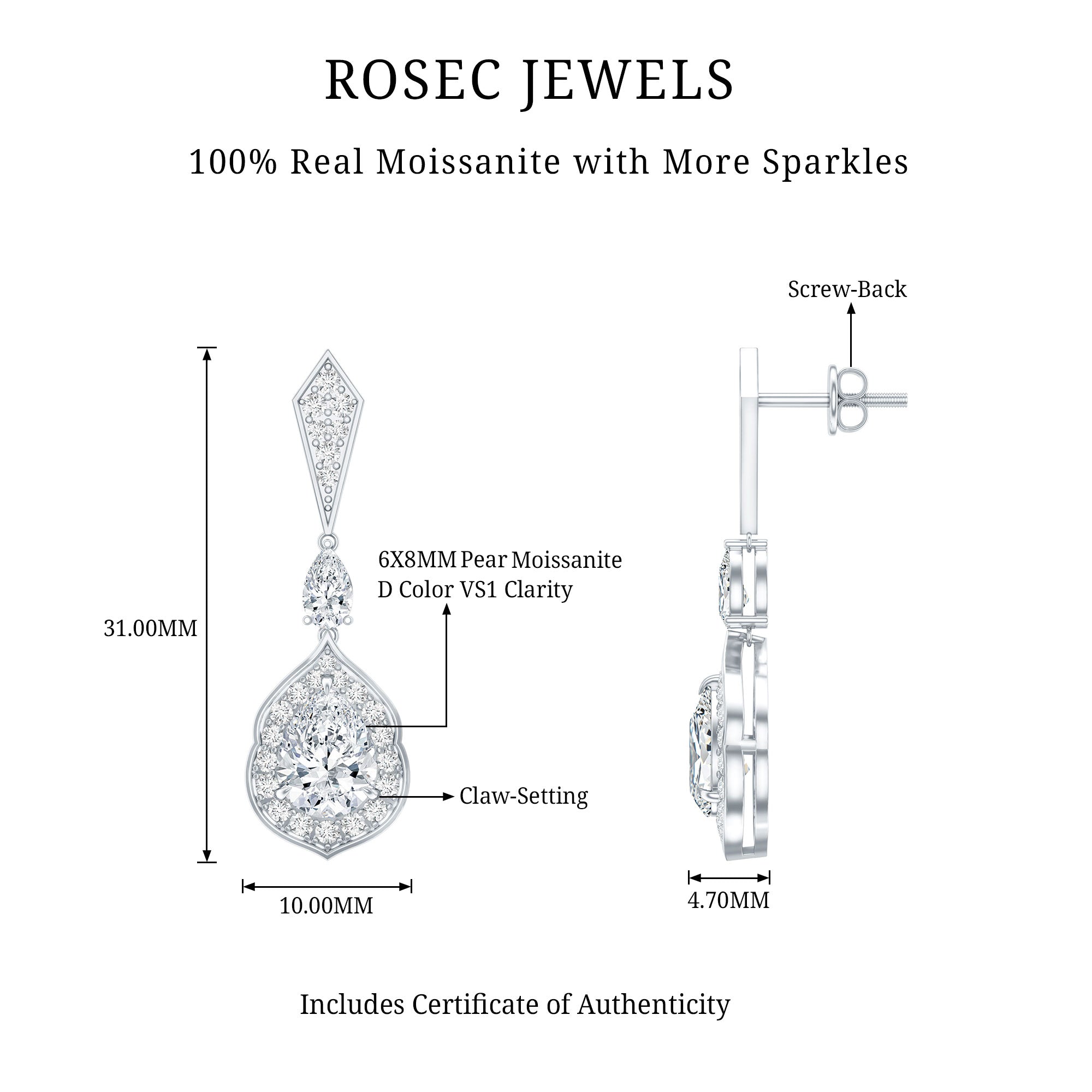 Moissanite Bridal Dangle Earrings in Silver D-VS1 92.5 Sterling Silver - Rosec Jewels