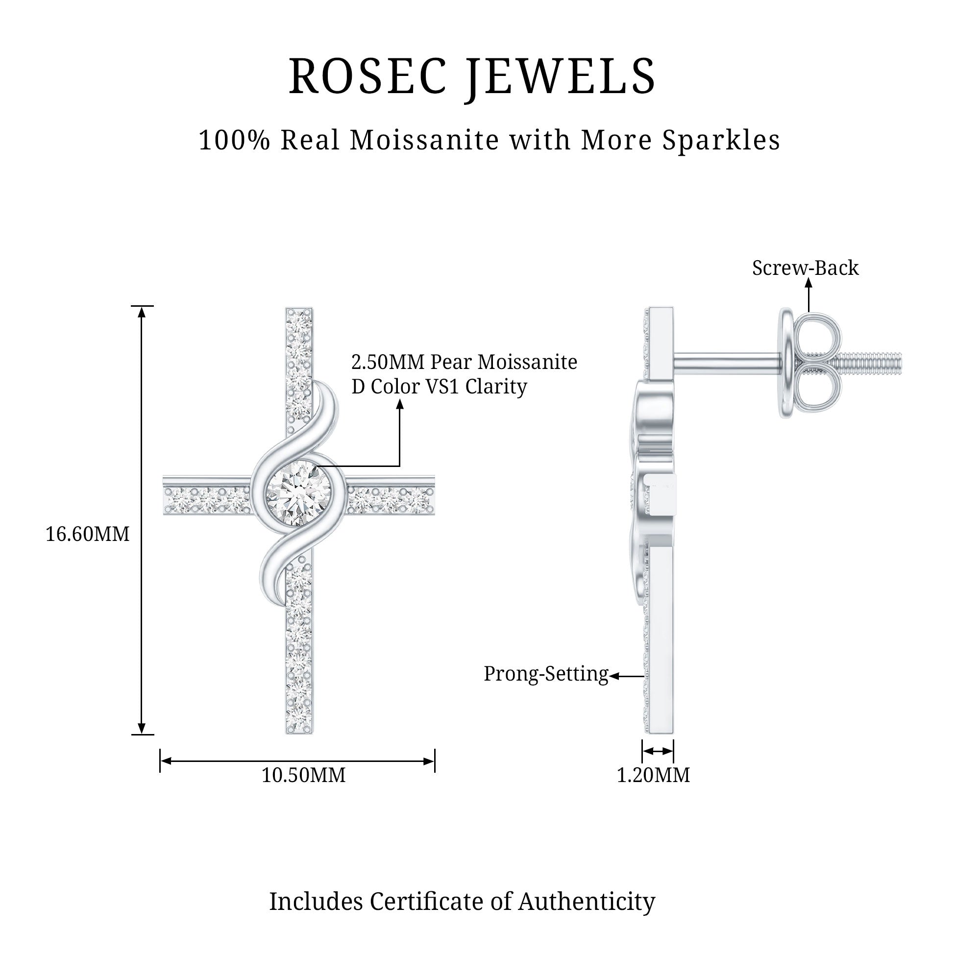 Certified Moissanite Cross Stud Earrings in Silver D-VS1 92.5 Sterling Silver - Rosec Jewels