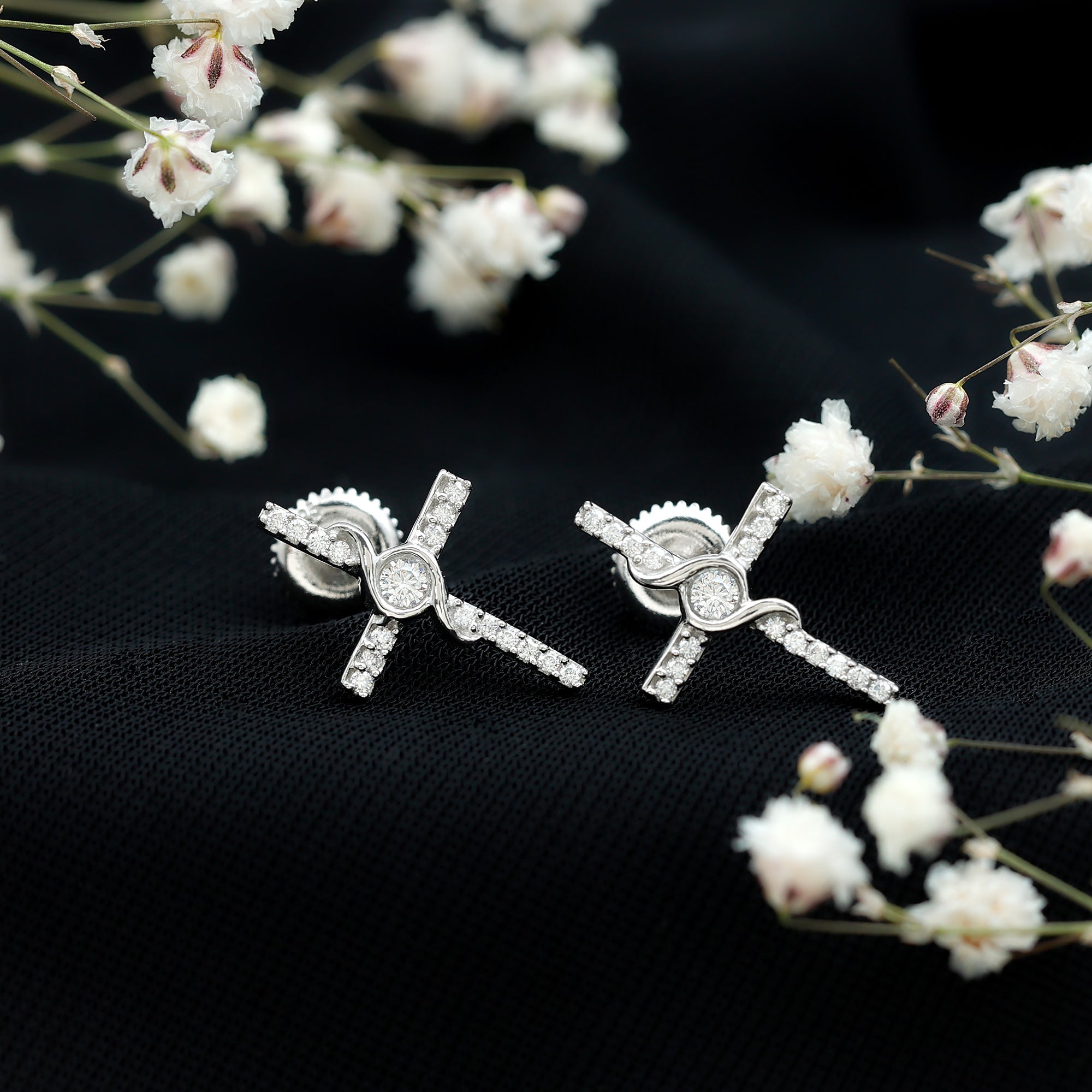 Certified Moissanite Cross Stud Earrings in Silver D-VS1 92.5 Sterling Silver - Rosec Jewels