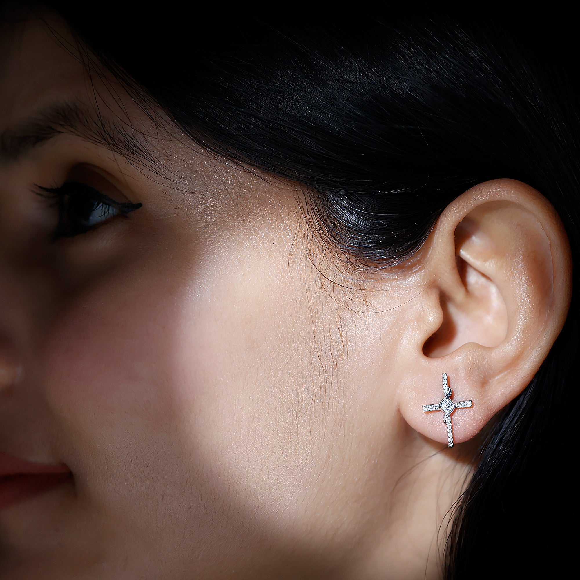 Certified Moissanite Cross Stud Earrings in Silver D-VS1 92.5 Sterling Silver - Rosec Jewels