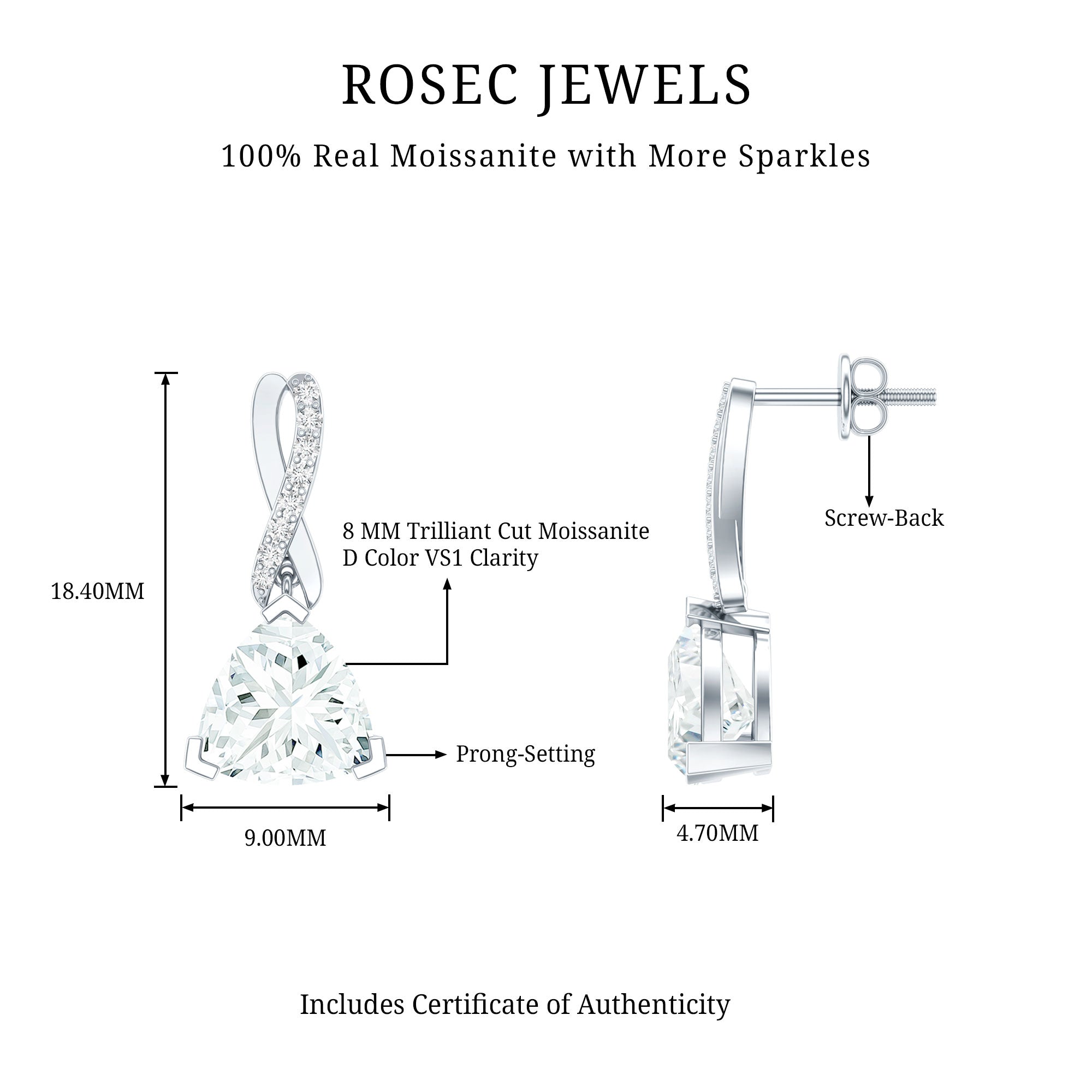 Certified 3 Carat Trilliant Cut Moissanite Infinity Drop Earrings D-VS1 92.5 Sterling Silver - Rosec Jewels