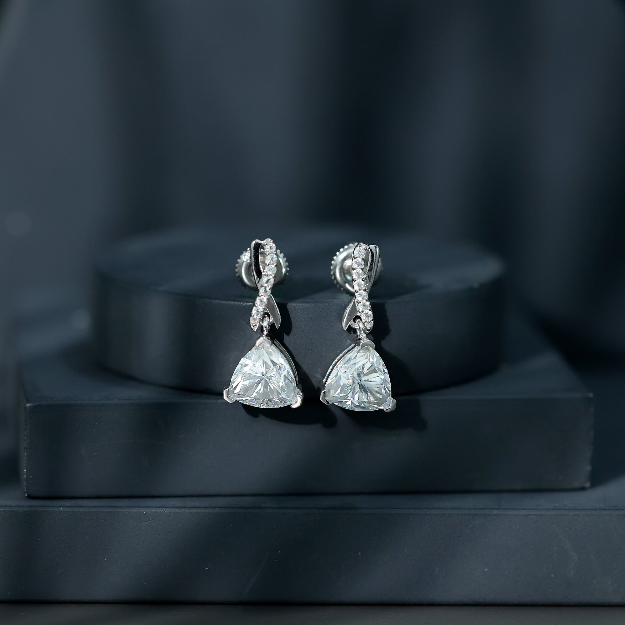 Certified 3 Carat Trilliant Cut Moissanite Infinity Drop Earrings D-VS1 92.5 Sterling Silver - Rosec Jewels
