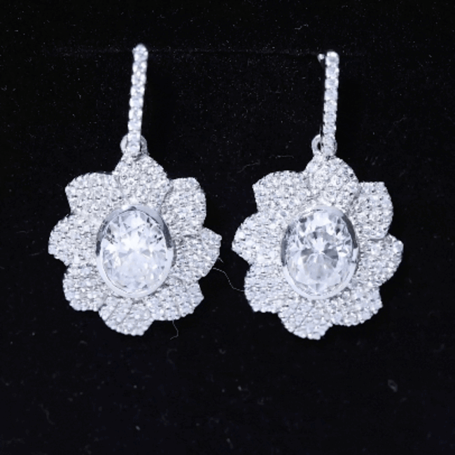Bezel Set 2.5 Carat Oval Moissanite Flower Drop Earrings D-VS1 92.5 Sterling Silver - Rosec Jewels