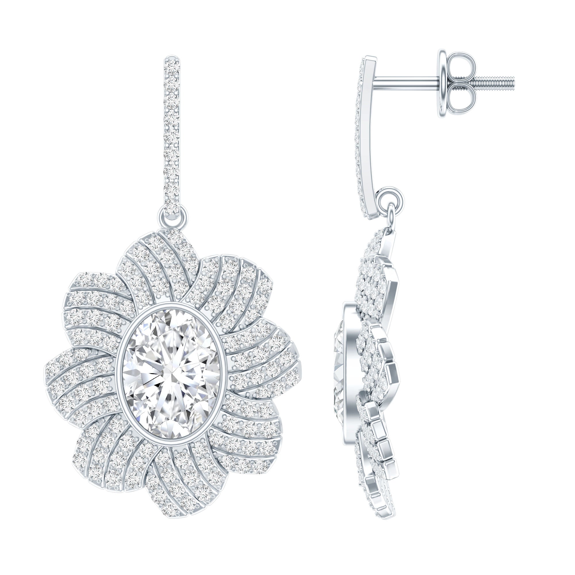 Bezel Set 2.5 Carat Oval Moissanite Flower Drop Earrings D-VS1 92.5 Sterling Silver - Rosec Jewels