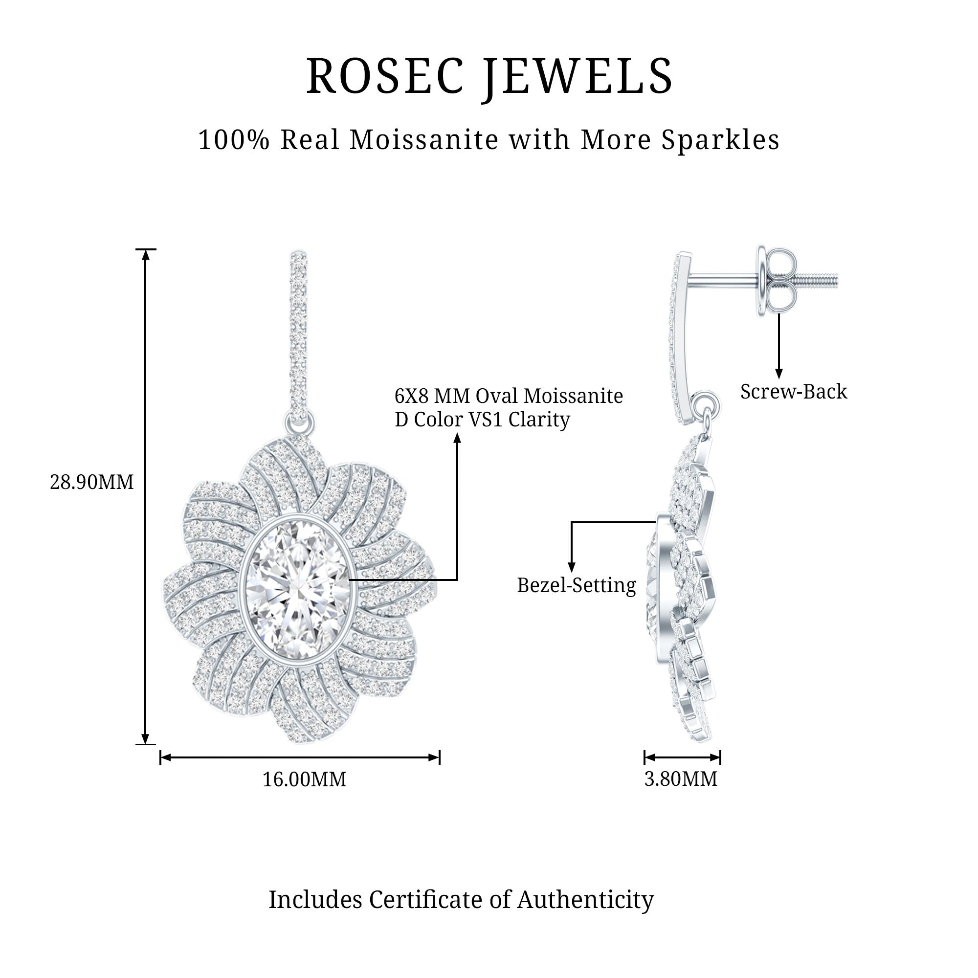 Bezel Set 2.5 Carat Oval Moissanite Flower Drop Earrings D-VS1 92.5 Sterling Silver - Rosec Jewels