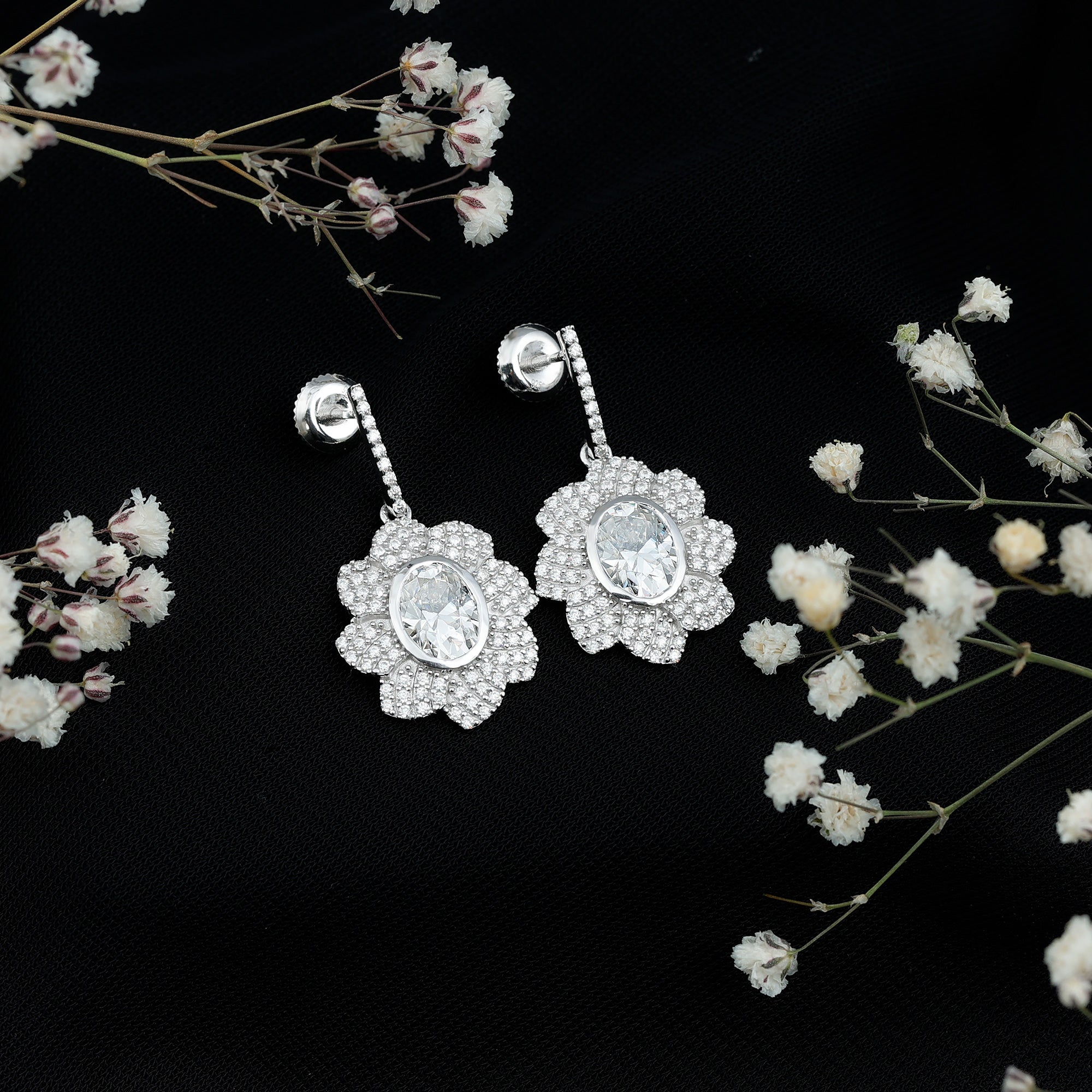 Bezel Set 2.5 Carat Oval Moissanite Flower Drop Earrings D-VS1 92.5 Sterling Silver - Rosec Jewels