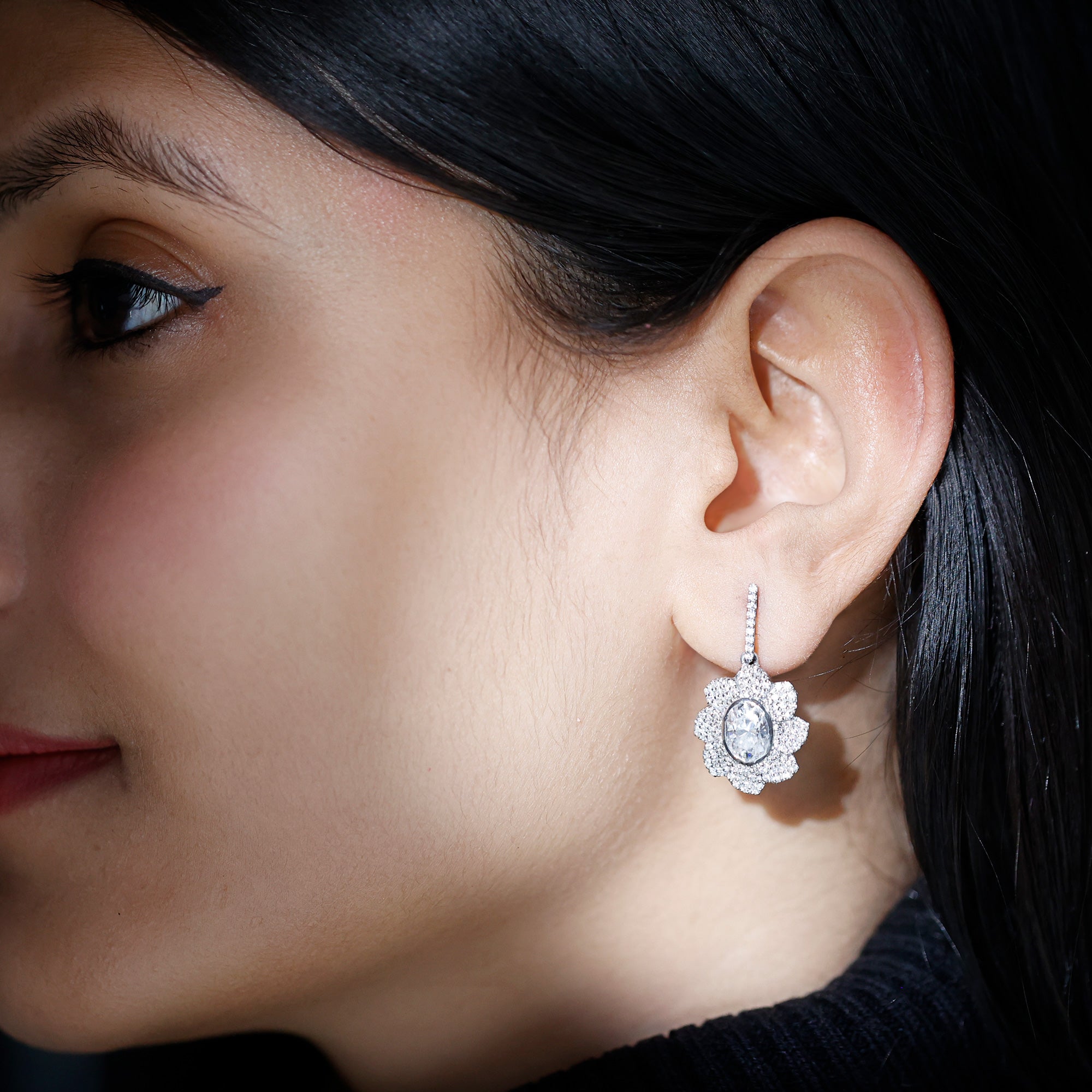 Bezel Set 2.5 Carat Oval Moissanite Flower Drop Earrings D-VS1 92.5 Sterling Silver - Rosec Jewels