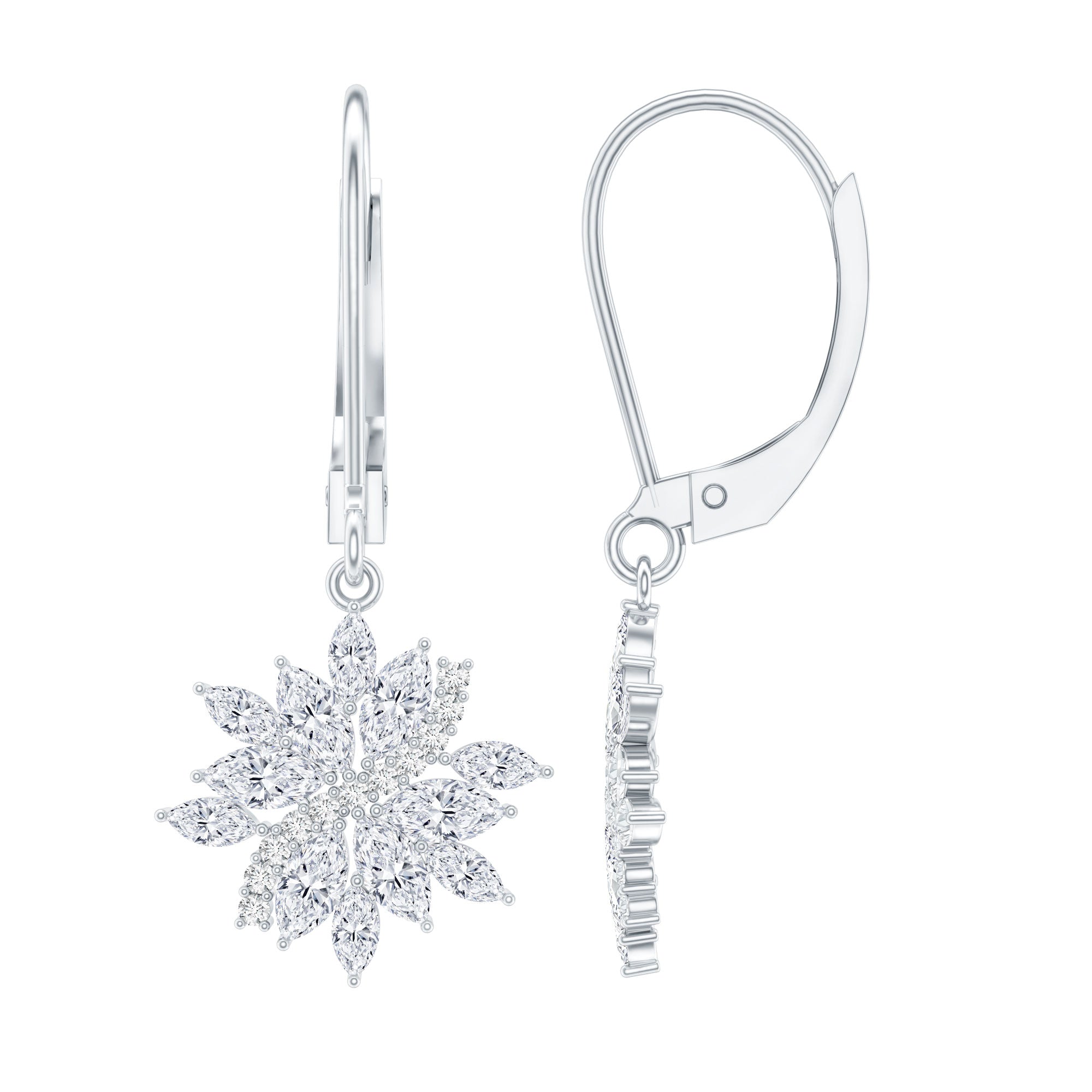 Sterling Silver Moissanite Drop Flower Earrings with Lever Back D-VS1 92.5 Sterling Silver - Rosec Jewels