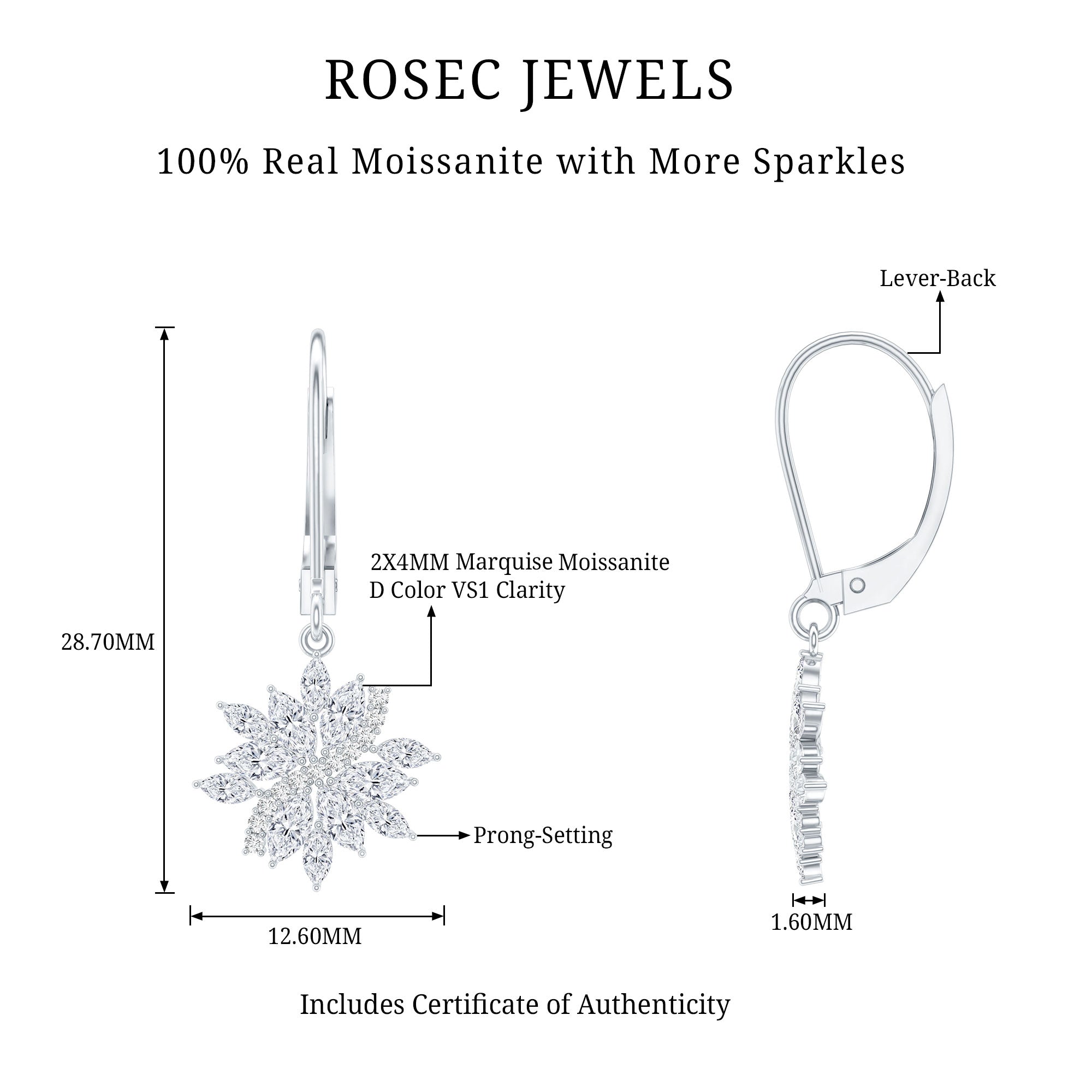 Sterling Silver Moissanite Drop Flower Earrings with Lever Back D-VS1 92.5 Sterling Silver - Rosec Jewels