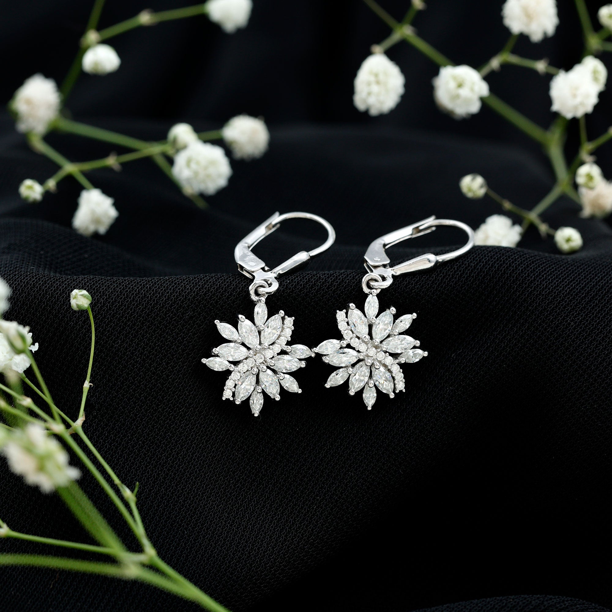 Sterling Silver Moissanite Drop Flower Earrings with Lever Back D-VS1 92.5 Sterling Silver - Rosec Jewels