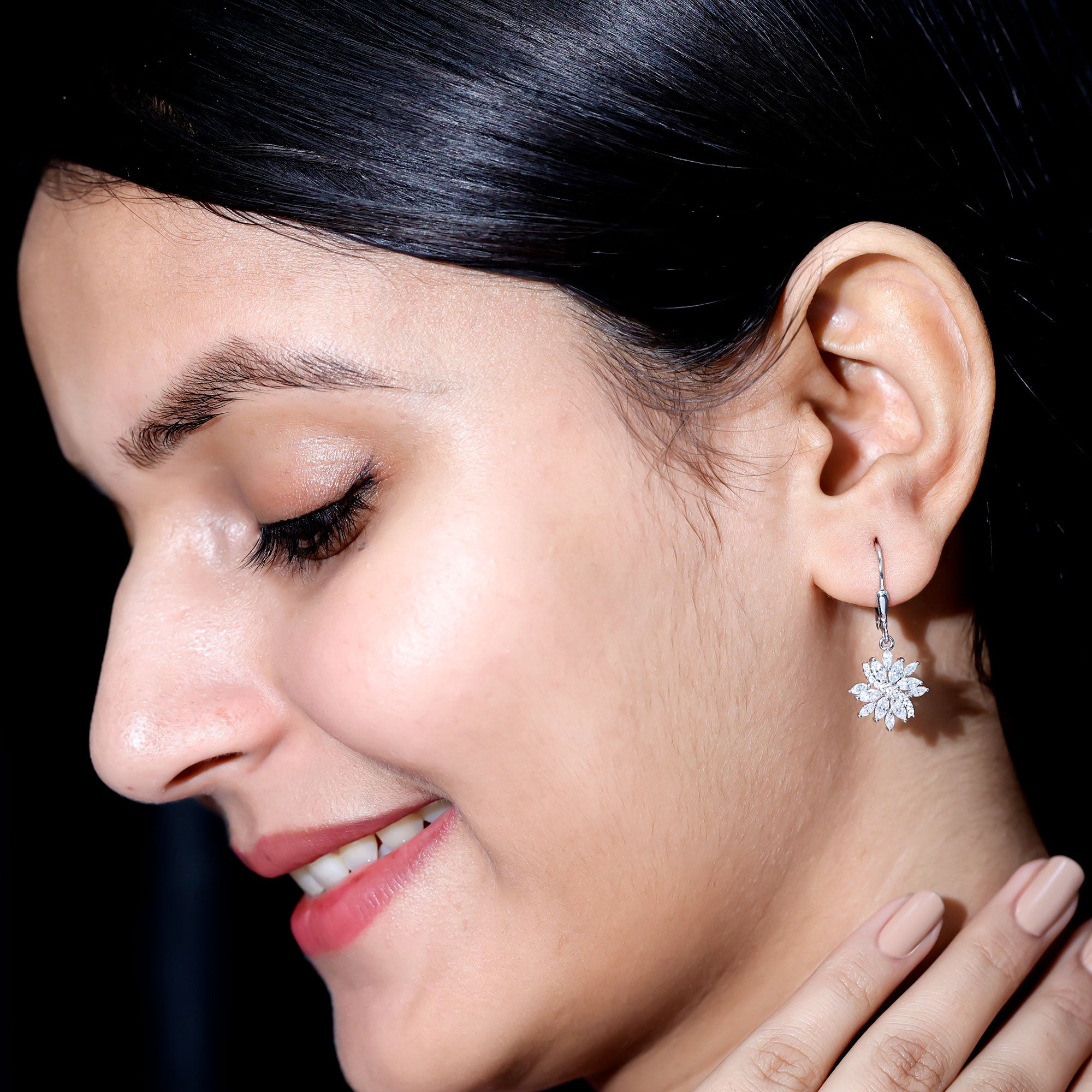 Sterling Silver Moissanite Drop Flower Earrings with Lever Back D-VS1 92.5 Sterling Silver - Rosec Jewels