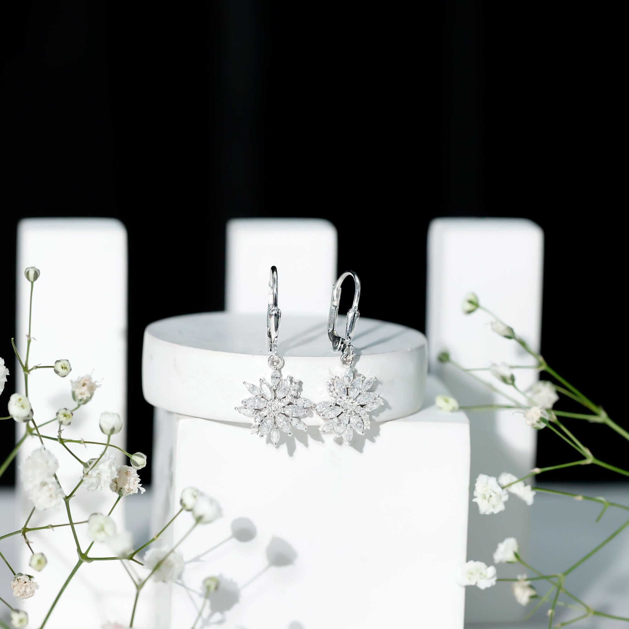 Sterling Silver Moissanite Drop Flower Earrings with Lever Back D-VS1 92.5 Sterling Silver - Rosec Jewels