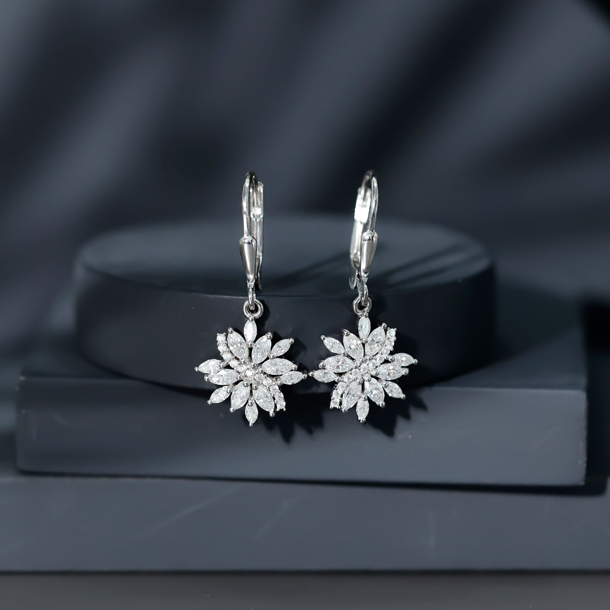 Sterling Silver Moissanite Drop Flower Earrings with Lever Back D-VS1 92.5 Sterling Silver - Rosec Jewels