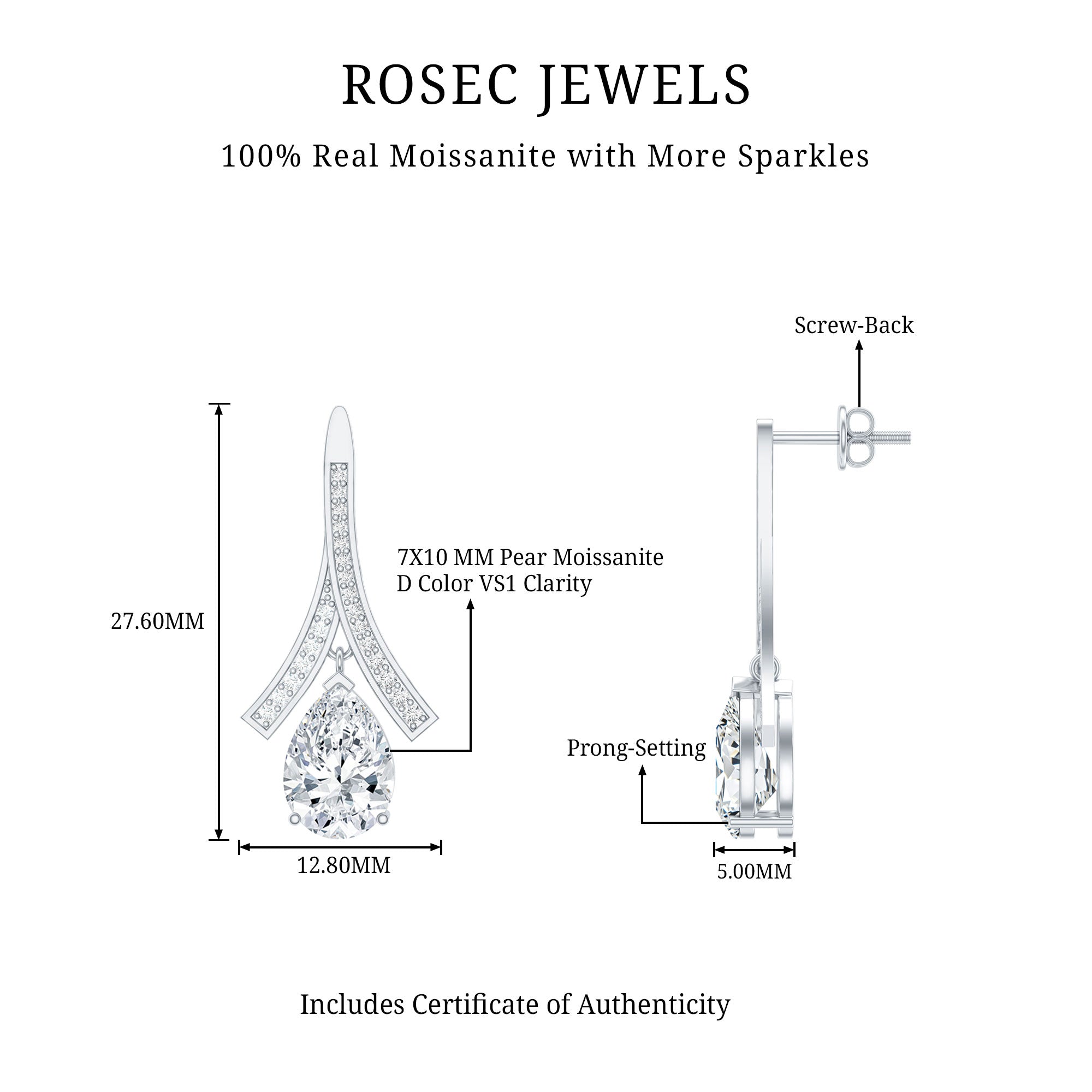 Pear Shaped 4 Carat Moissanite Dangle Drop Earrings for Wedding D-VS1 92.5 Sterling Silver - Rosec Jewels