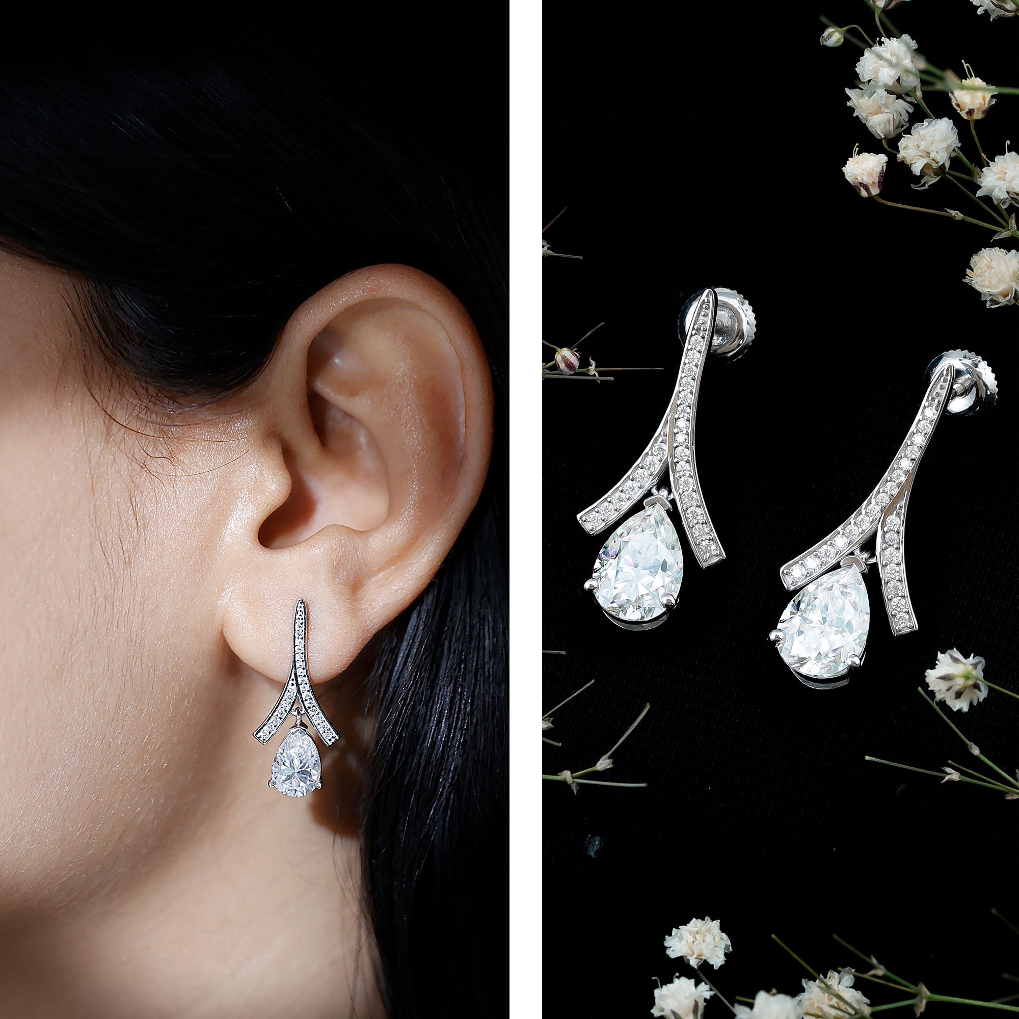 Pear Shaped 4 Carat Moissanite Dangle Drop Earrings for Wedding D-VS1 92.5 Sterling Silver - Rosec Jewels