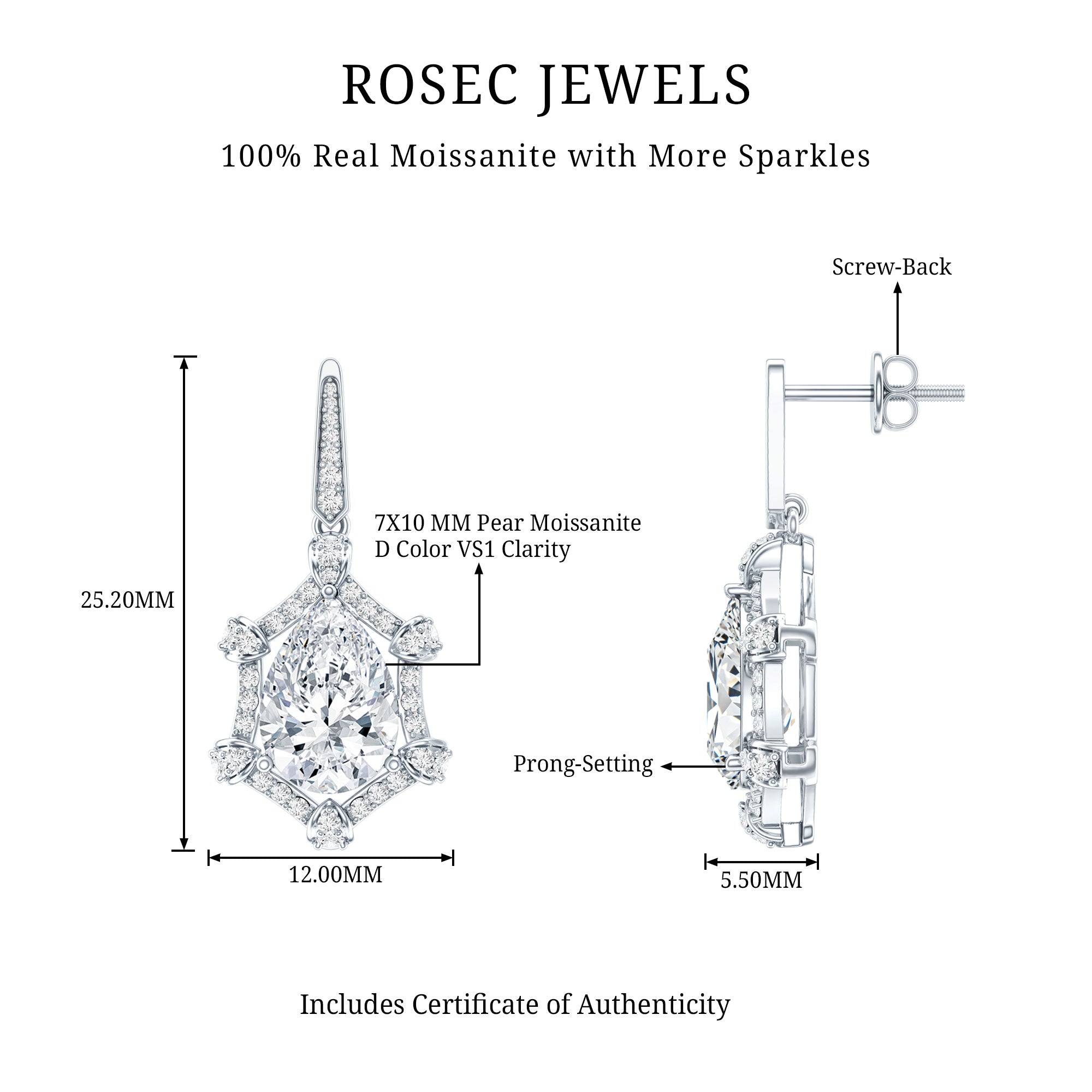 Vintage Inspired Moissanite Silver Drop Earrings for Wedding D-VS1 92.5 Sterling Silver - Rosec Jewels