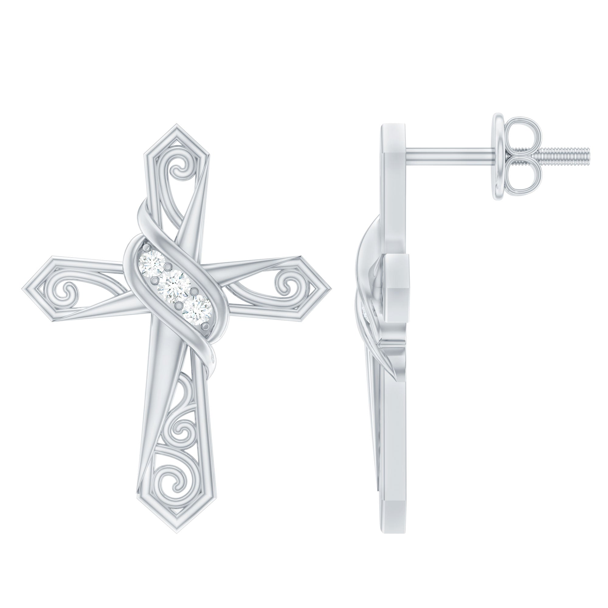 Art Deco Inspired Moissanite Cross Stud Earrings in Silver