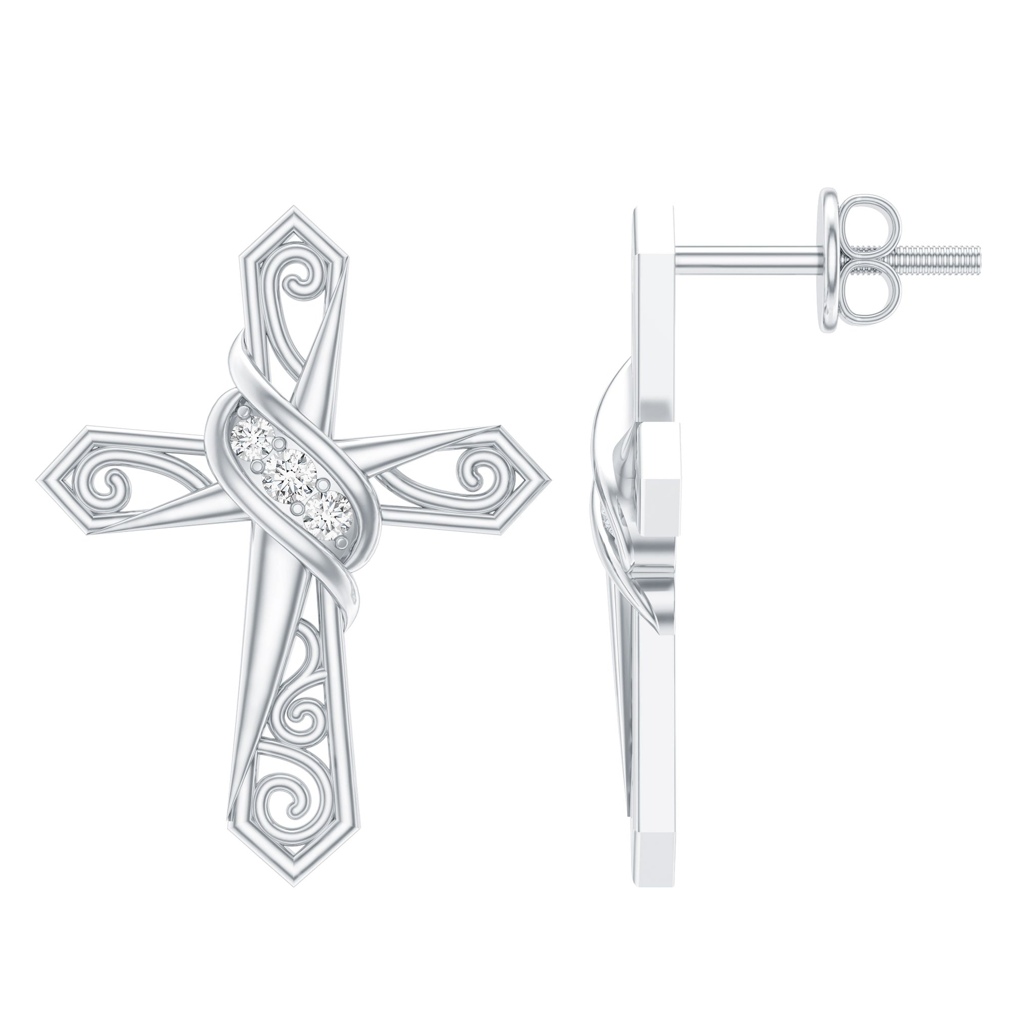 Certified Moissanite Vintage Cross Stud Earrings in Silver D-VS1 92.5 Sterling Silver - Rosec Jewels