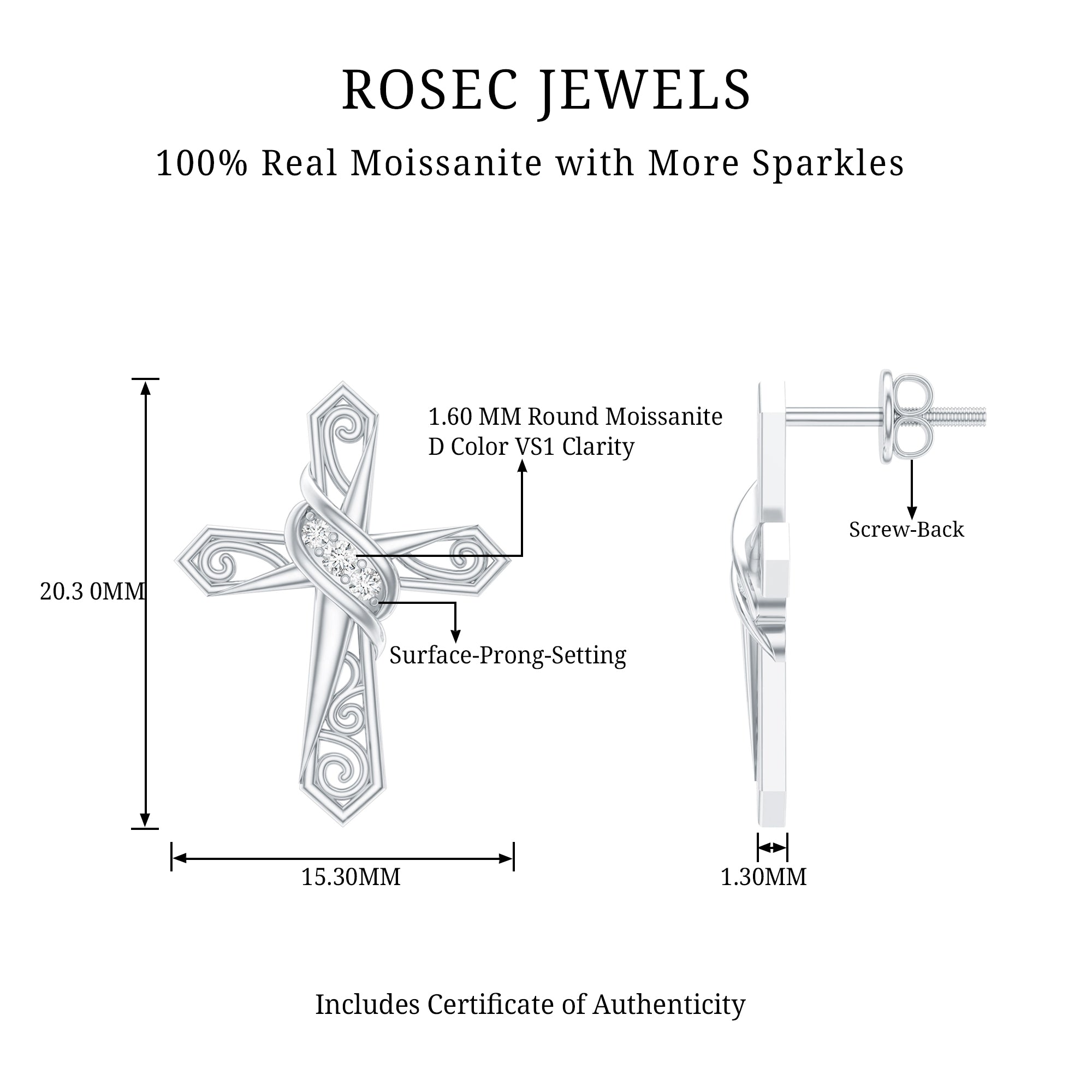 Certified Moissanite Vintage Cross Stud Earrings in Silver D-VS1 92.5 Sterling Silver - Rosec Jewels