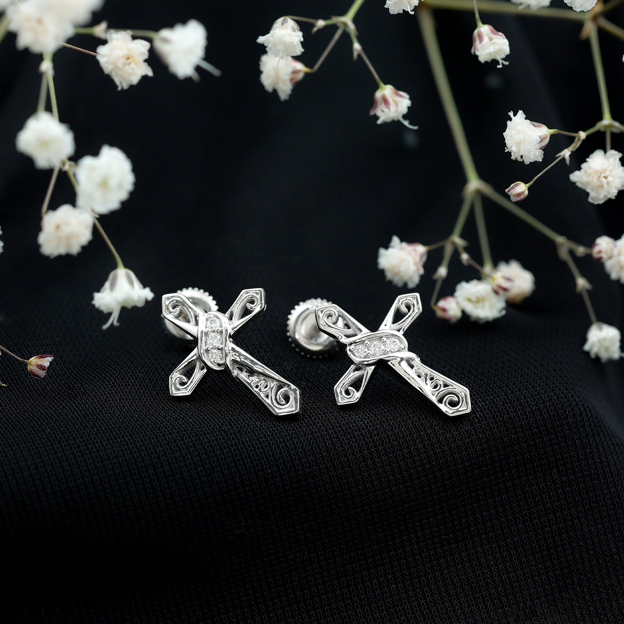 Certified Moissanite Vintage Cross Stud Earrings in Silver D-VS1 92.5 Sterling Silver - Rosec Jewels