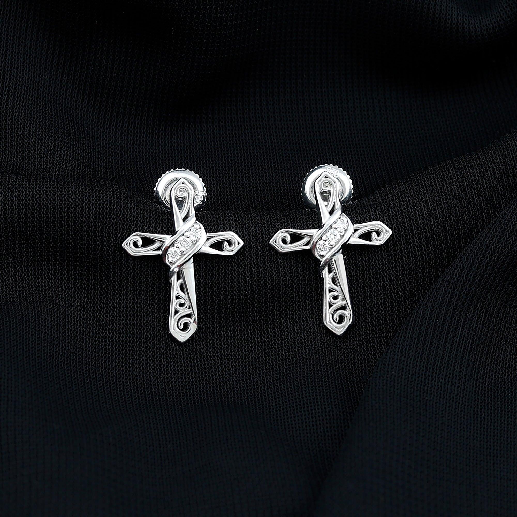 Certified Moissanite Vintage Cross Stud Earrings in Silver D-VS1 92.5 Sterling Silver - Rosec Jewels