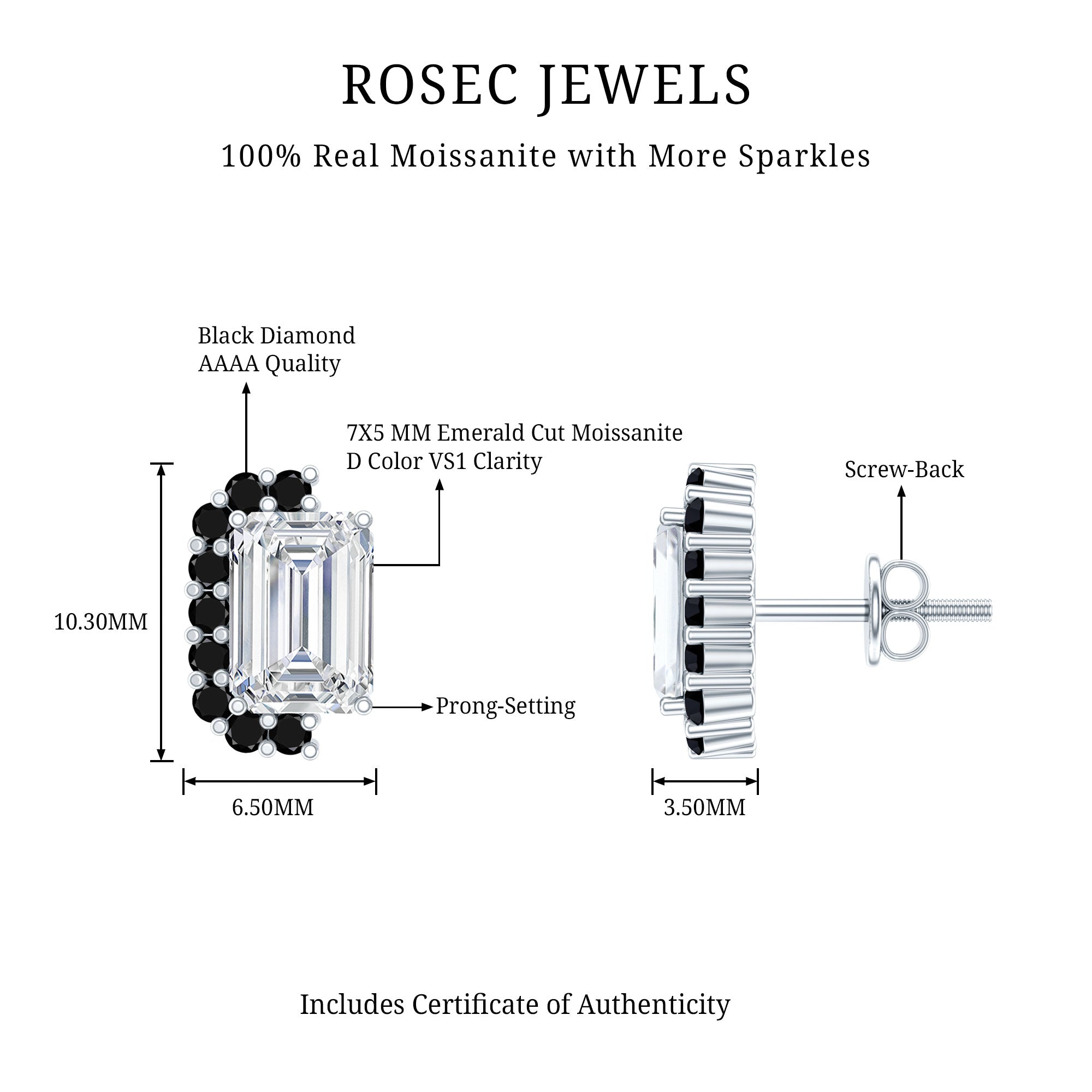 Certified 3.4 Carat Moissanite Stud Earrings with Lab Grown Black Diamond D-VS1 92.5 Sterling Silver - Rosec Jewels