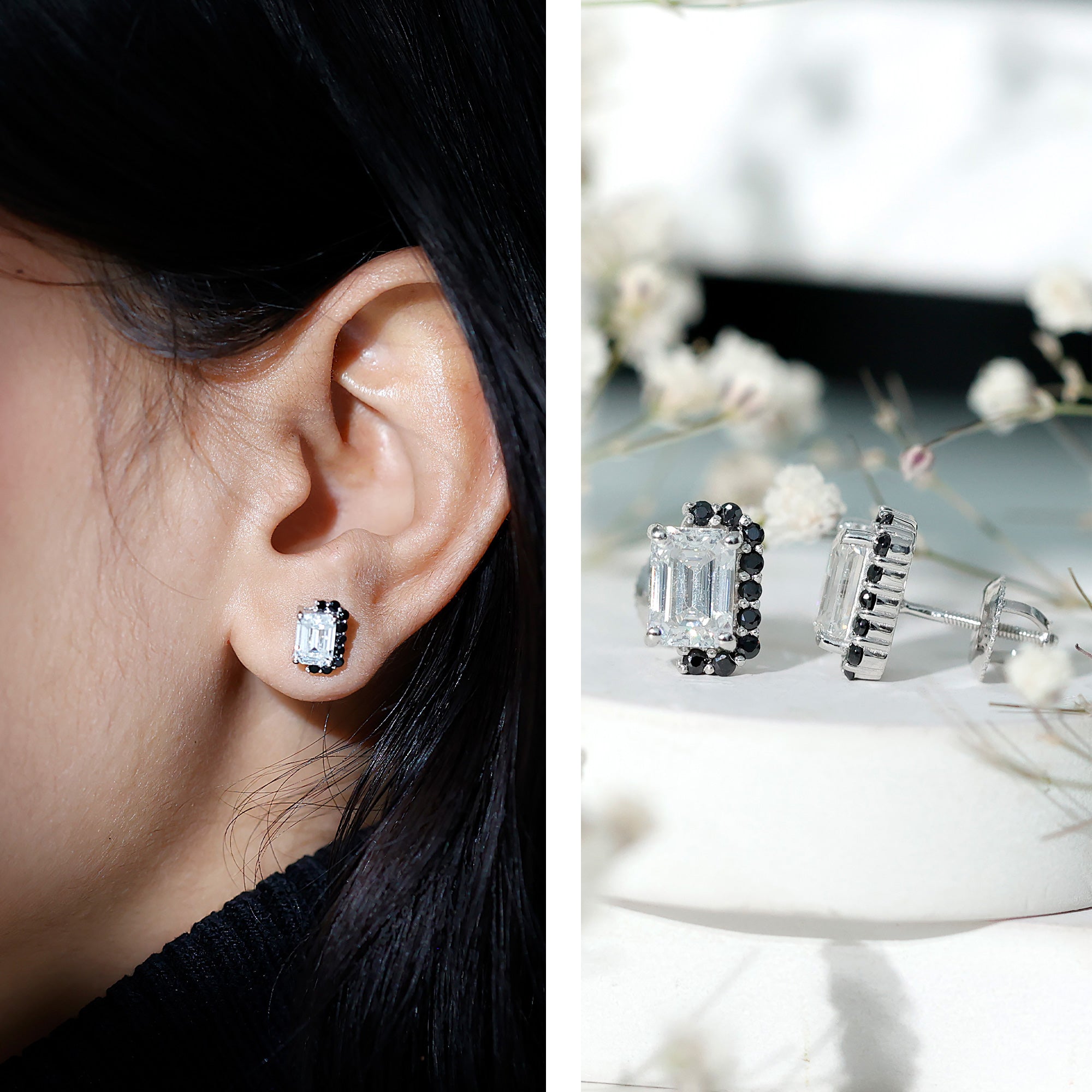Certified 3.4 Carat Moissanite Stud Earrings with Lab Grown Black Diamond D-VS1 92.5 Sterling Silver - Rosec Jewels