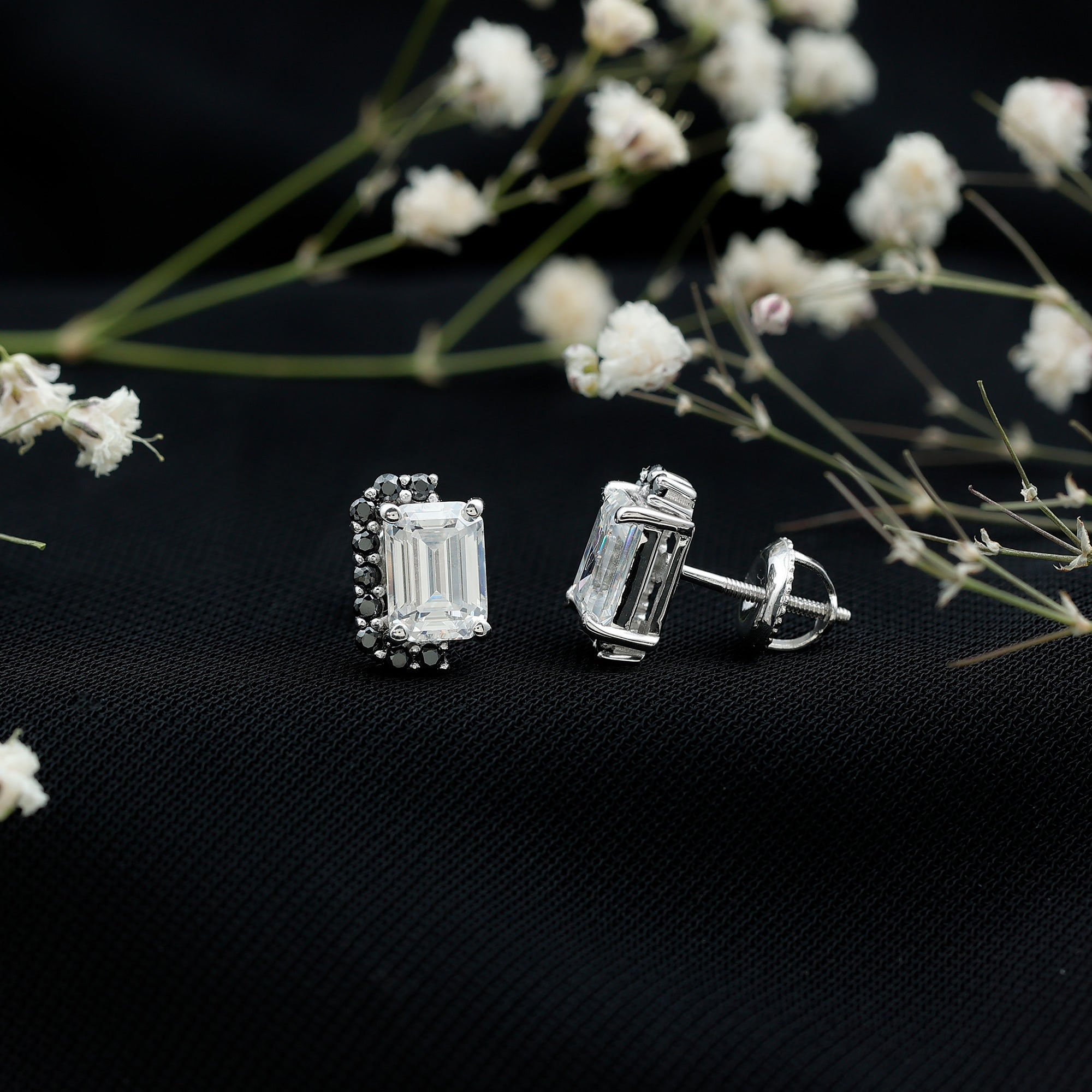 Certified 3.4 Carat Moissanite Stud Earrings with Lab Grown Black Diamond D-VS1 92.5 Sterling Silver - Rosec Jewels