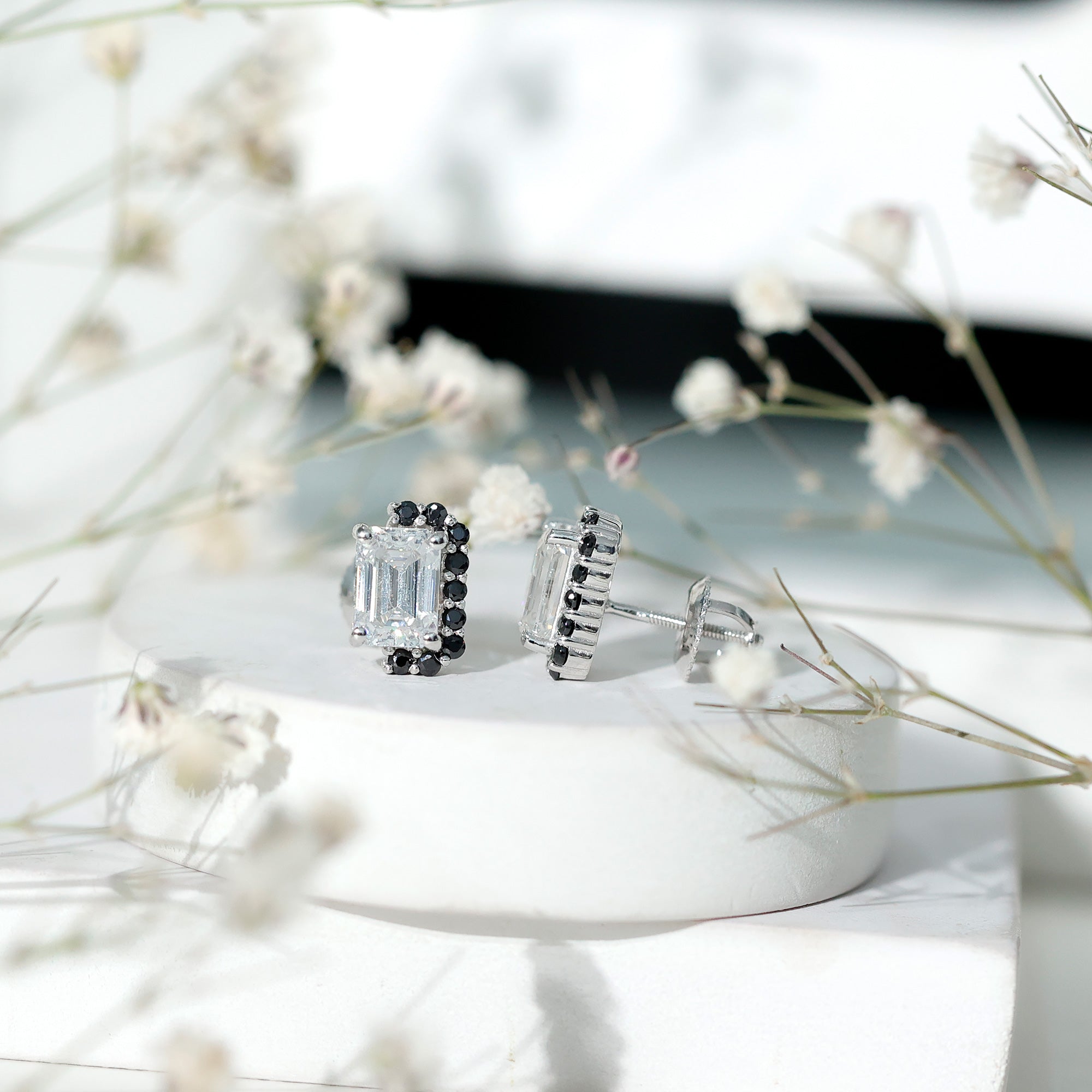 Certified 3.4 Carat Moissanite Stud Earrings with Lab Grown Black Diamond D-VS1 92.5 Sterling Silver - Rosec Jewels