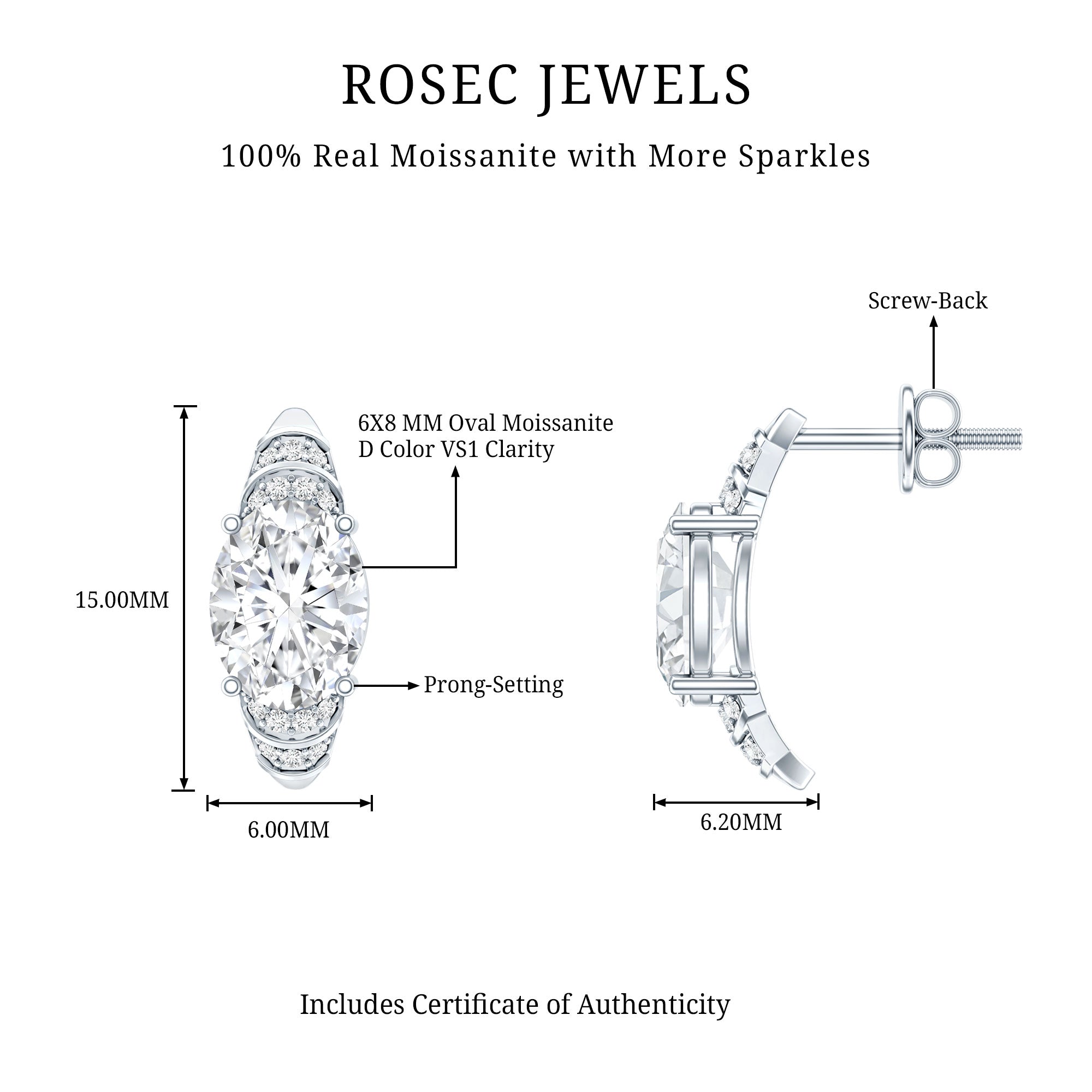 2.5 Carat Moissanite Art Deco Stud Earrings in 14K Gold Plated Silver D-VS1 92.5 Sterling Silver - Rosec Jewels