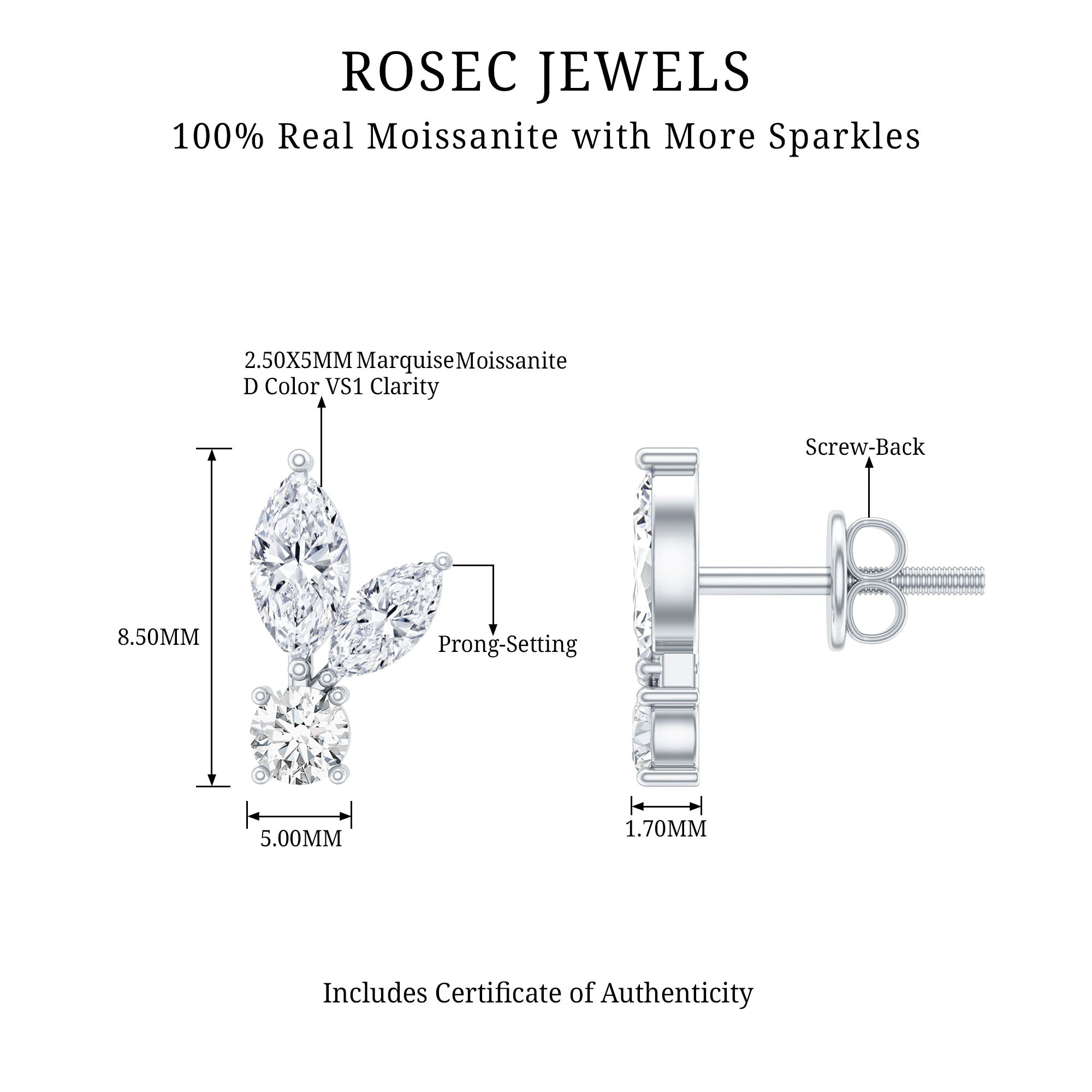 Certified Moissanite Playboy Stud Earrings in 14K Gold Plated Silver D-VS1 92.5 Sterling Silver - Rosec Jewels