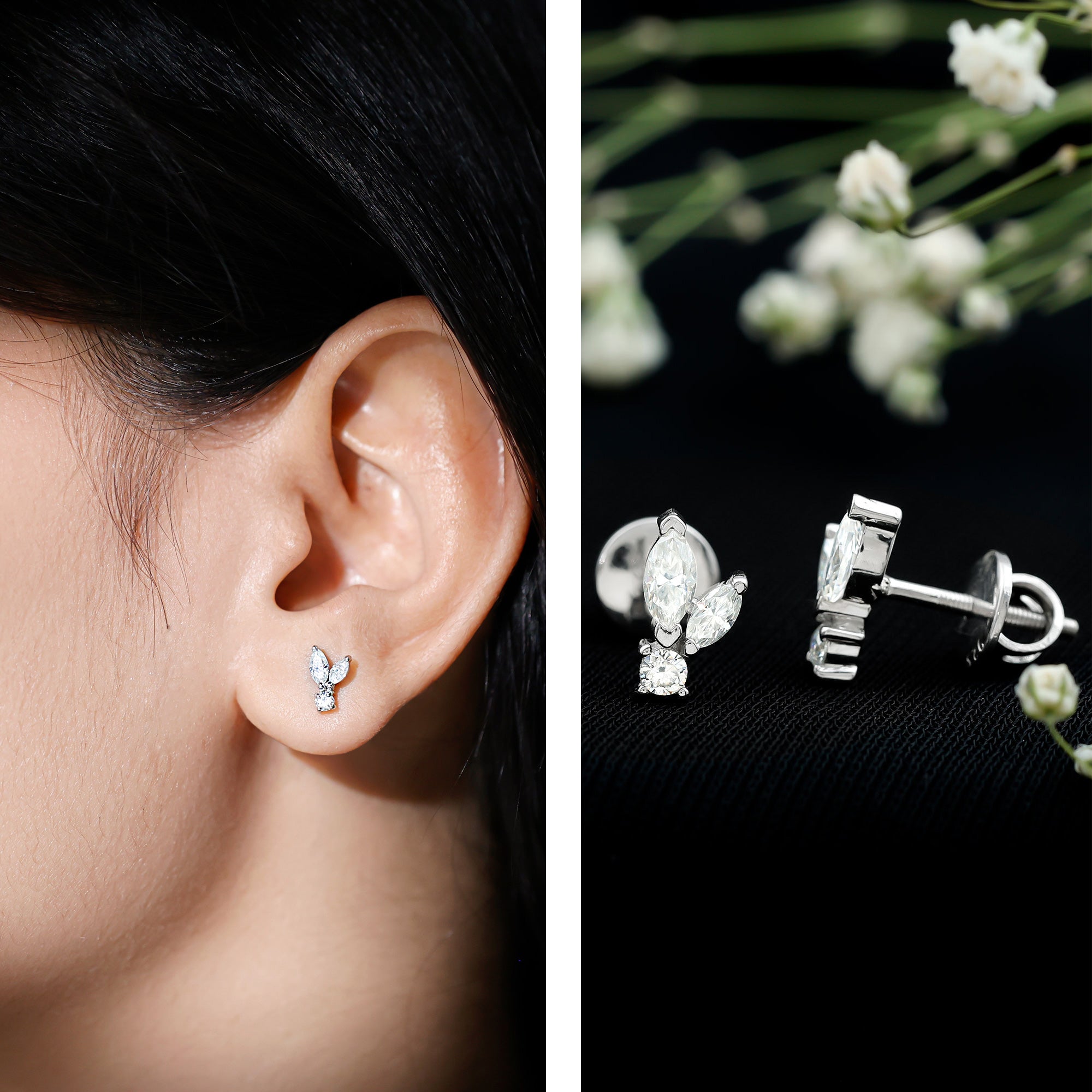 Certified Moissanite Playboy Stud Earrings in 14K Gold Plated Silver D-VS1 92.5 Sterling Silver - Rosec Jewels