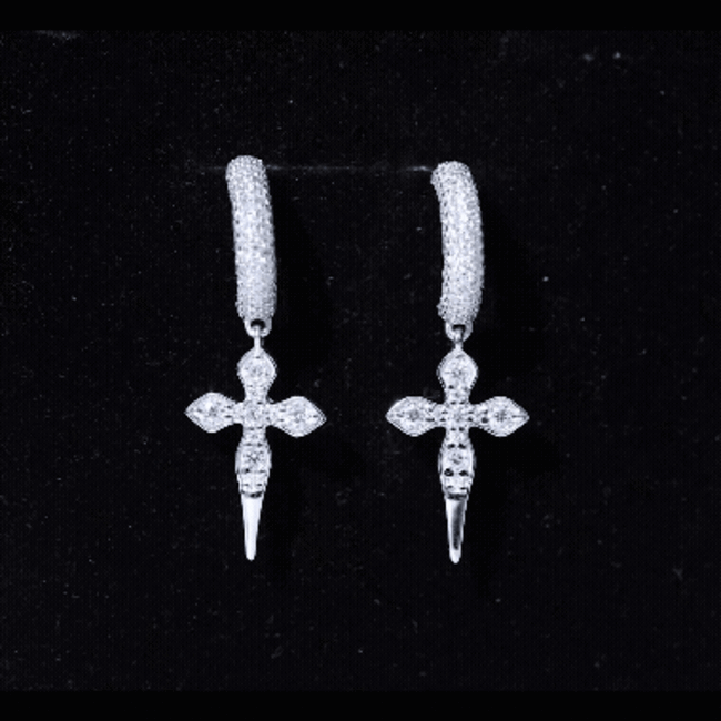 Vintage Inspired Moissanite Cross Dangle Earrings in Silver D-VS1 92.5 Sterling Silver - Rosec Jewels