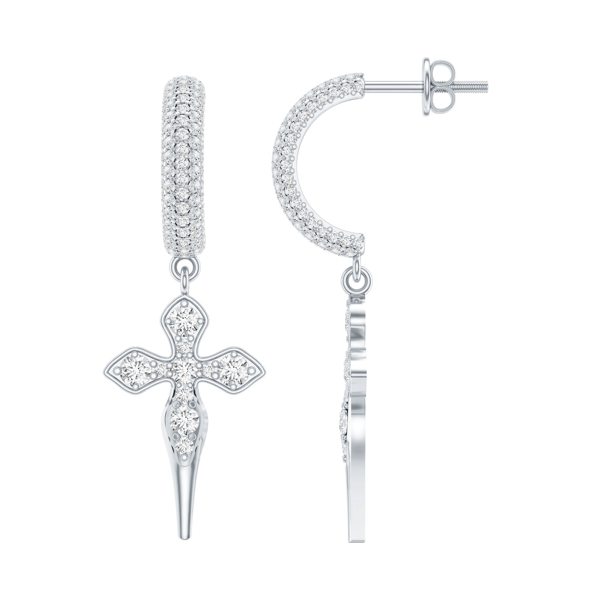 Vintage Inspired Moissanite Cross Dangle Earrings in Silver D-VS1 92.5 Sterling Silver - Rosec Jewels