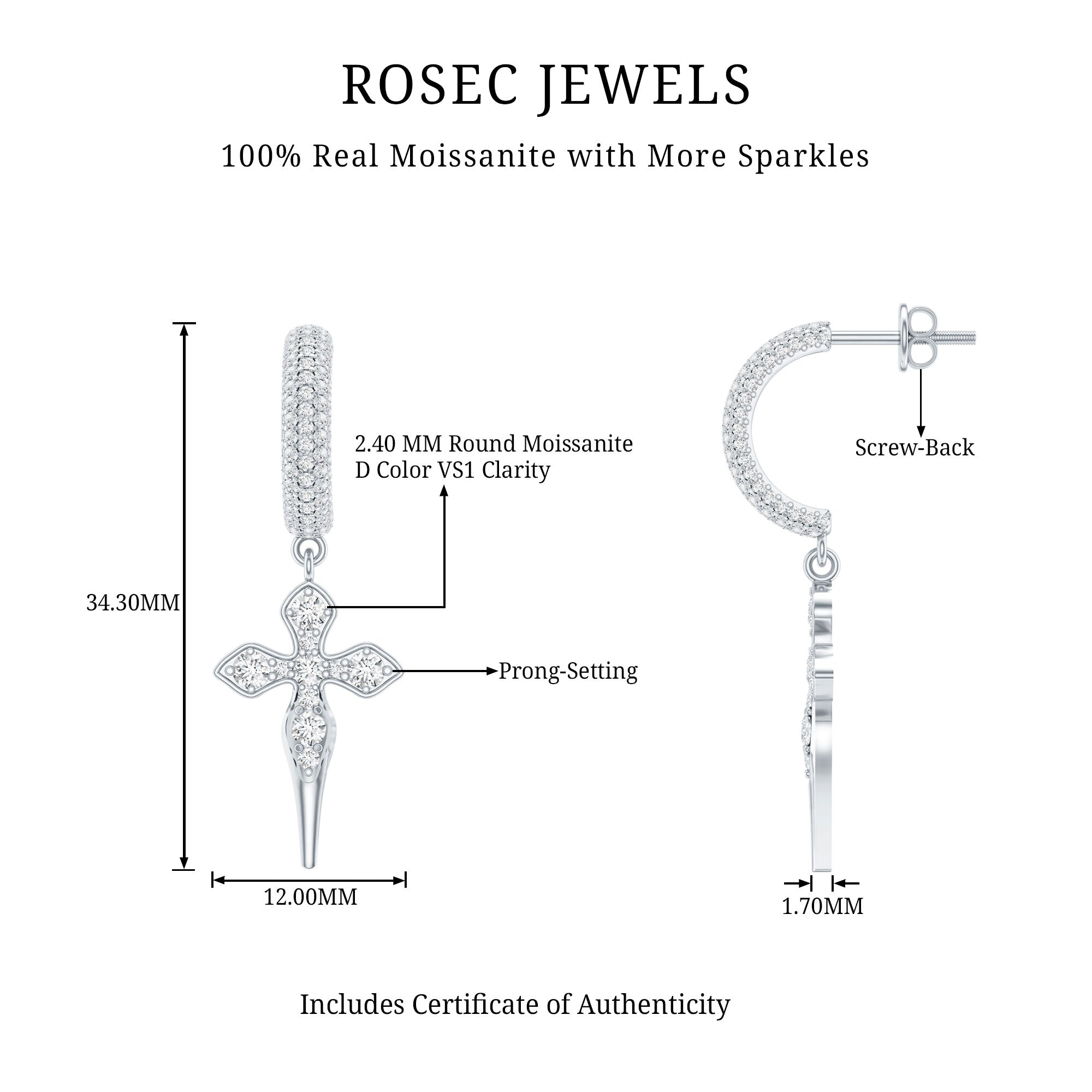 Vintage Inspired Moissanite Cross Dangle Earrings in Silver D-VS1 92.5 Sterling Silver - Rosec Jewels