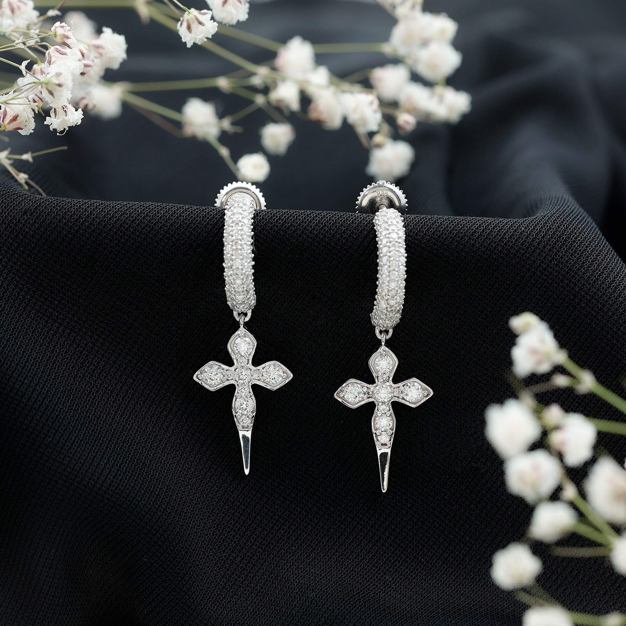 Vintage Inspired Moissanite Cross Dangle Earrings in Silver D-VS1 92.5 Sterling Silver - Rosec Jewels