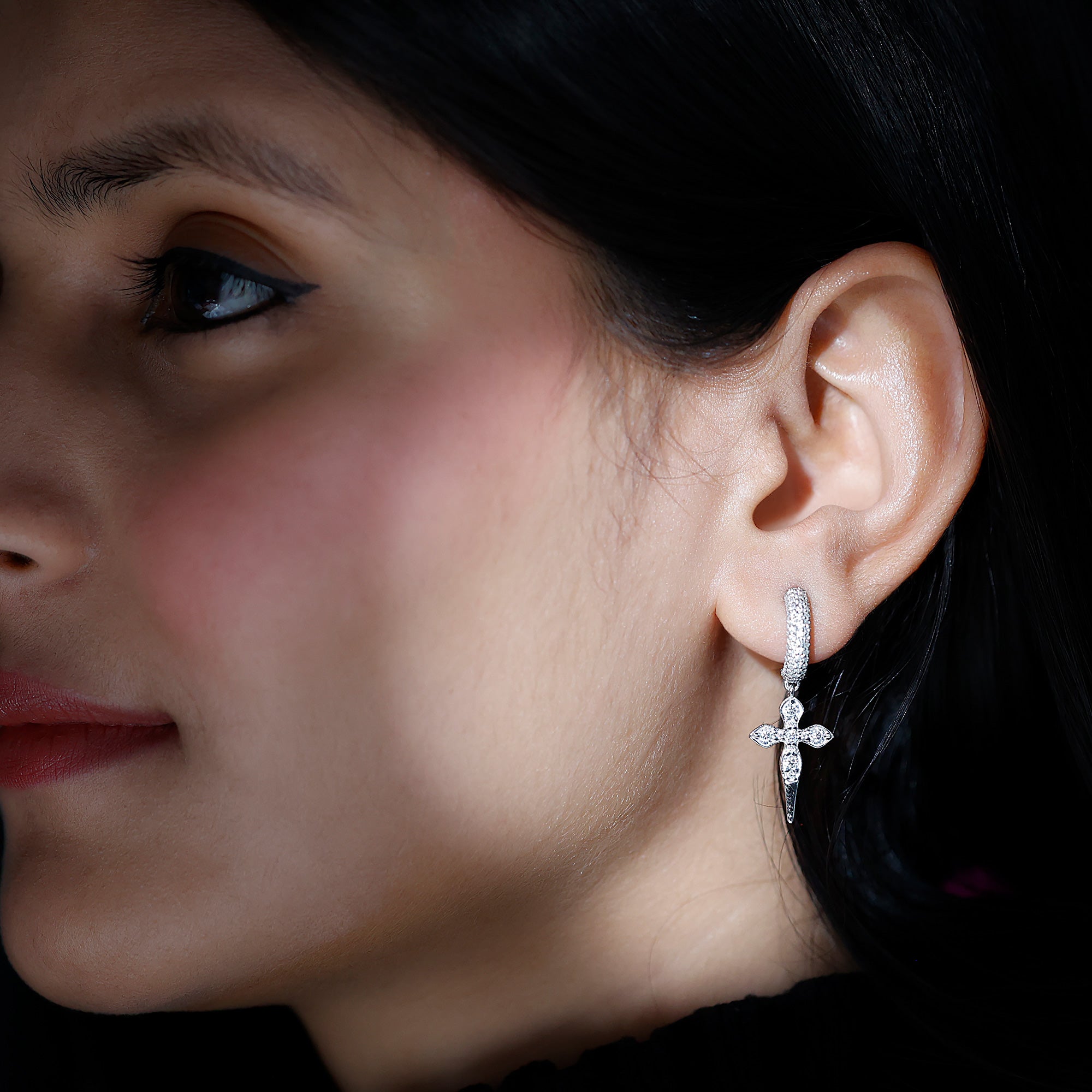 Vintage Inspired Moissanite Cross Dangle Earrings in Silver D-VS1 92.5 Sterling Silver - Rosec Jewels