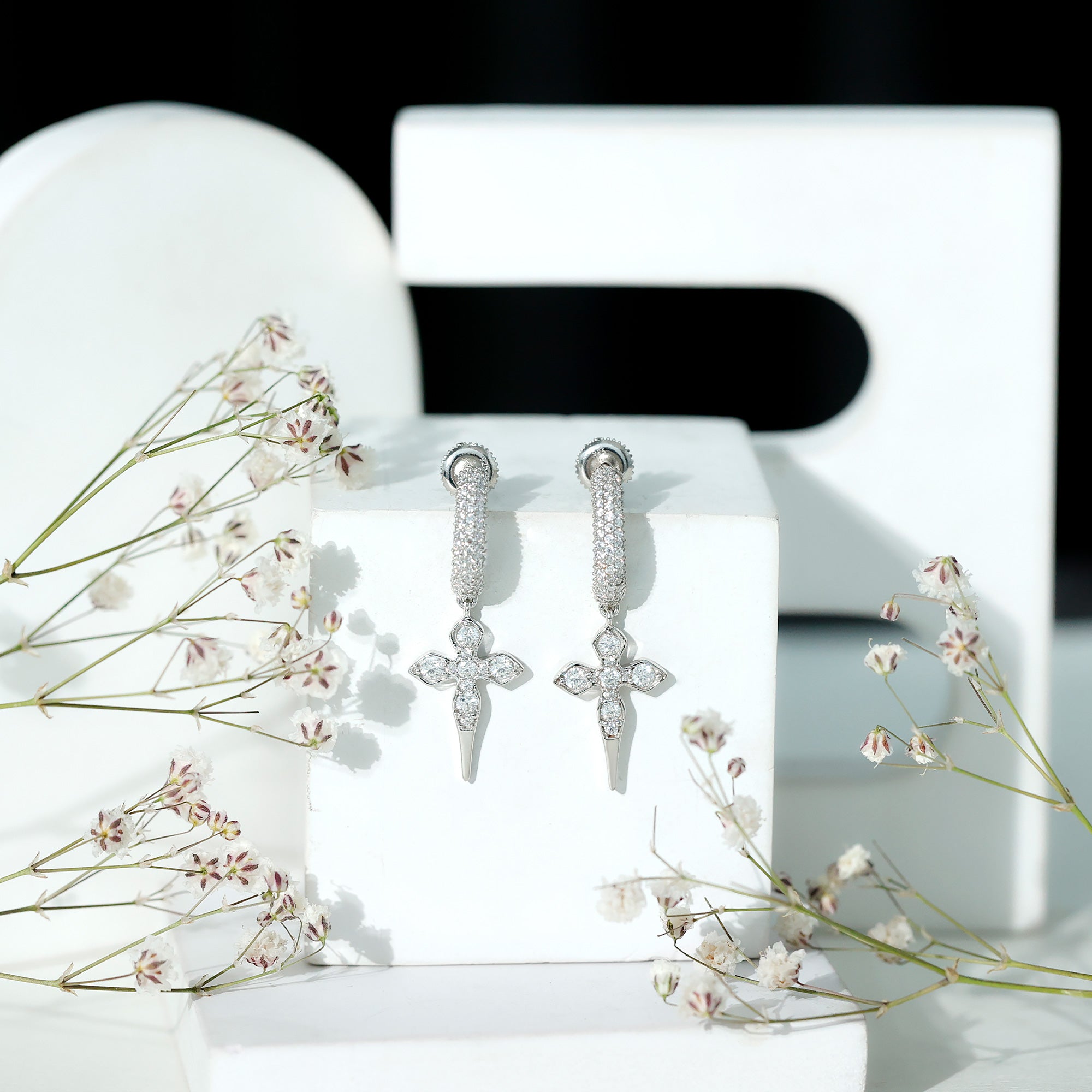 Vintage Inspired Moissanite Cross Dangle Earrings in Silver D-VS1 92.5 Sterling Silver - Rosec Jewels
