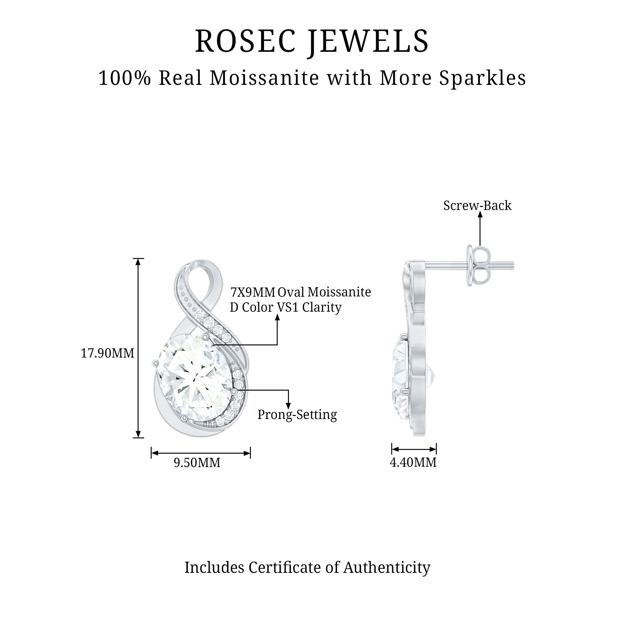 4 Carat Oval Cut Moissanite Infinity Stud Earrings in Silver D-VS1 92.5 Sterling Silver - Rosec Jewels